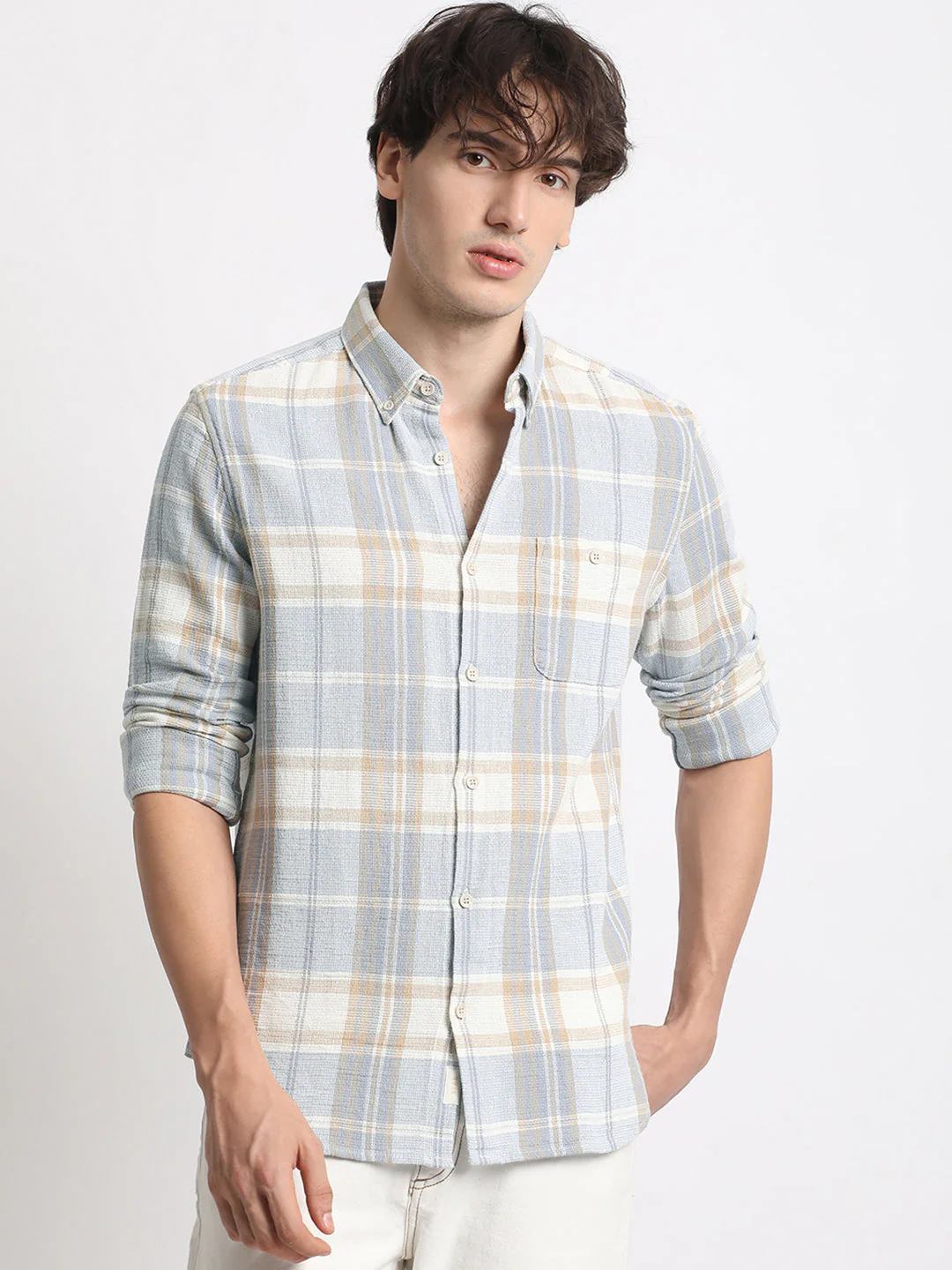 Men  Blue Checked Slim Fit Cotton Casual Shirt - Image 2