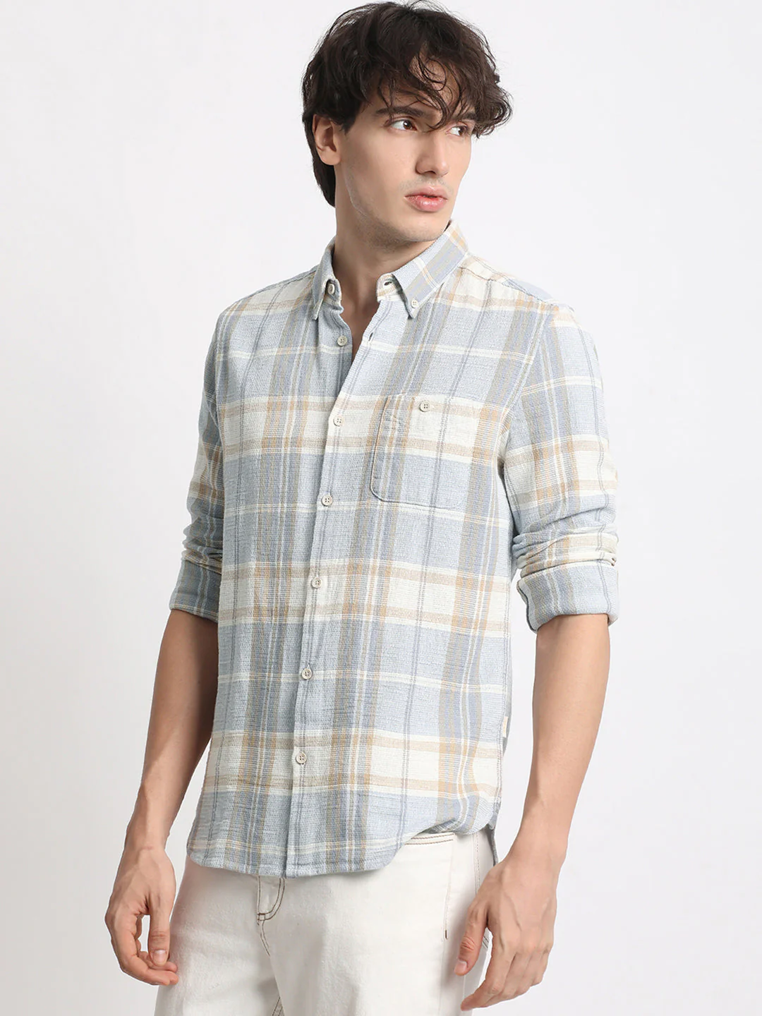 Men  Blue Checked Slim Fit Cotton Casual Shirt - Image 3