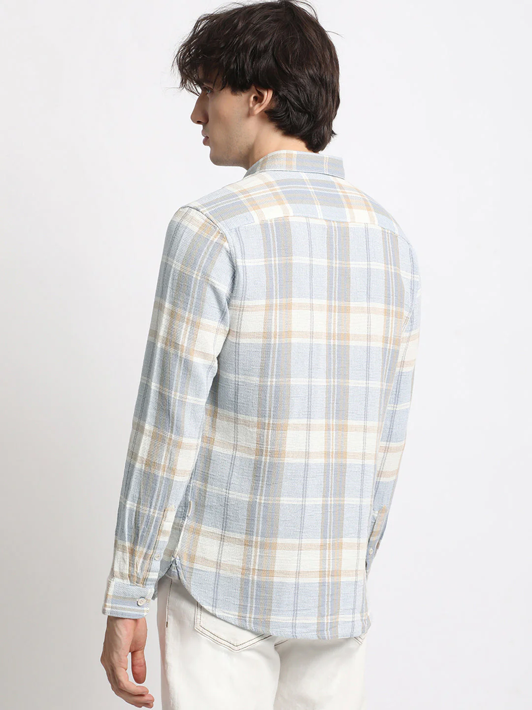Men  Blue Checked Slim Fit Cotton Casual Shirt - Image 4
