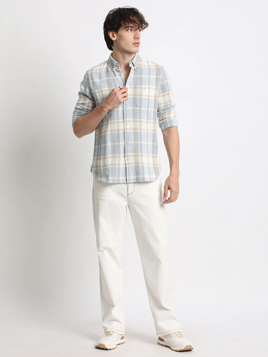 Men  Blue Checked Slim Fit Cotton Casual Shirt - Image 5