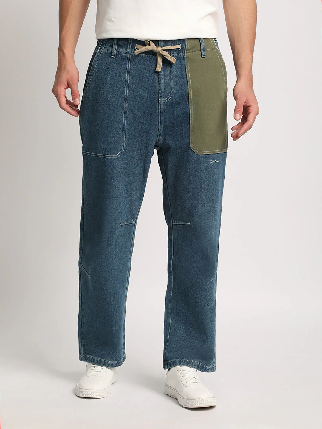 Men  Blue Colour-Block Mid Rise Straight Fit Jeans - Image 2