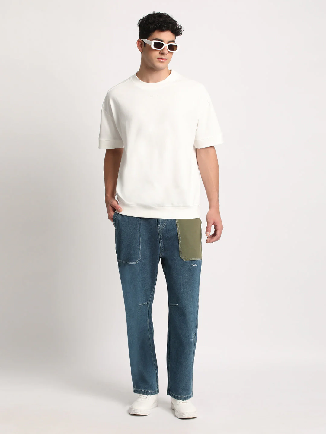 Men  Blue Colour-Block Mid Rise Straight Fit Jeans - Image 5