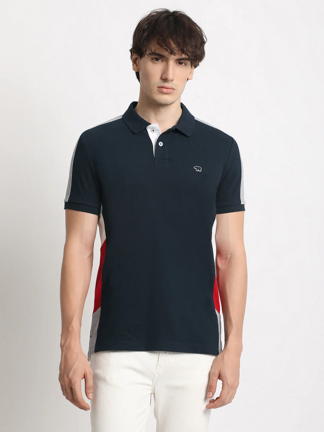 Men Blue Colourblocked Slim Fit Polo Collar T-shirt - Image 2