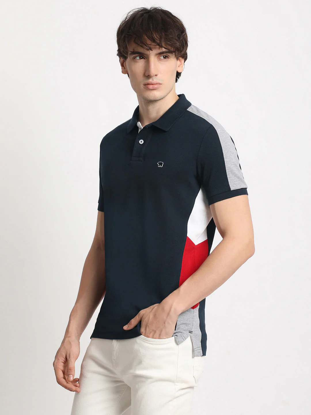 Men Blue Colourblocked Slim Fit Polo Collar T-shirt - Image 3