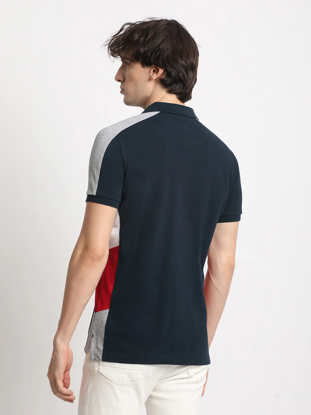 Men Blue Colourblocked Slim Fit Polo Collar T-shirt - Image 4