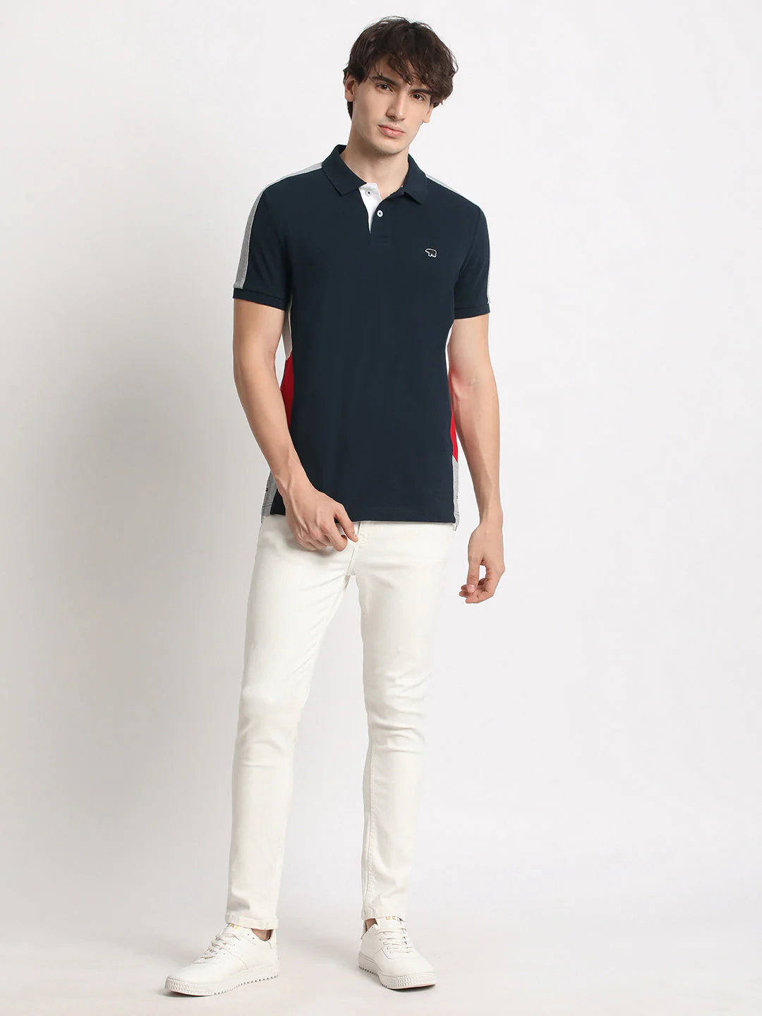 Men Blue Colourblocked Slim Fit Polo Collar T-shirt - Image 5