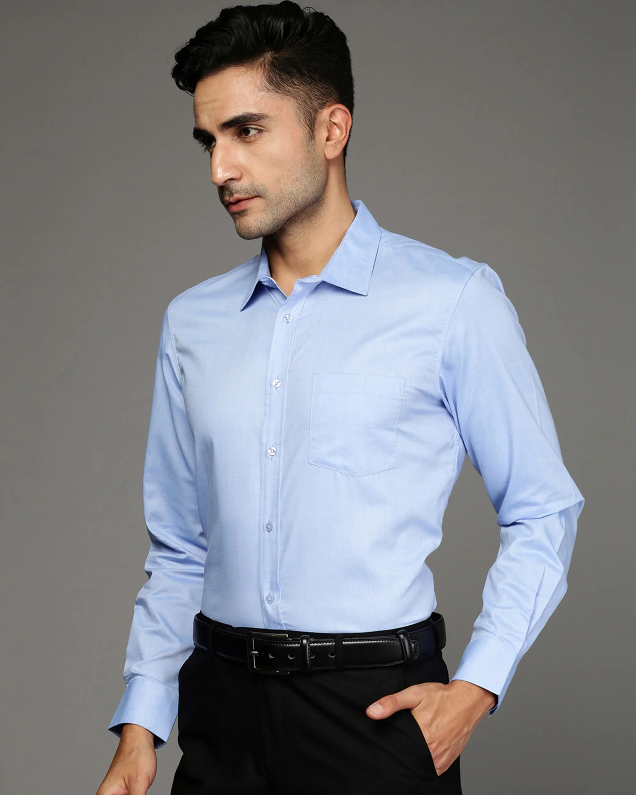 Men Blue Cotton Blend Slim Shirt - Image 2