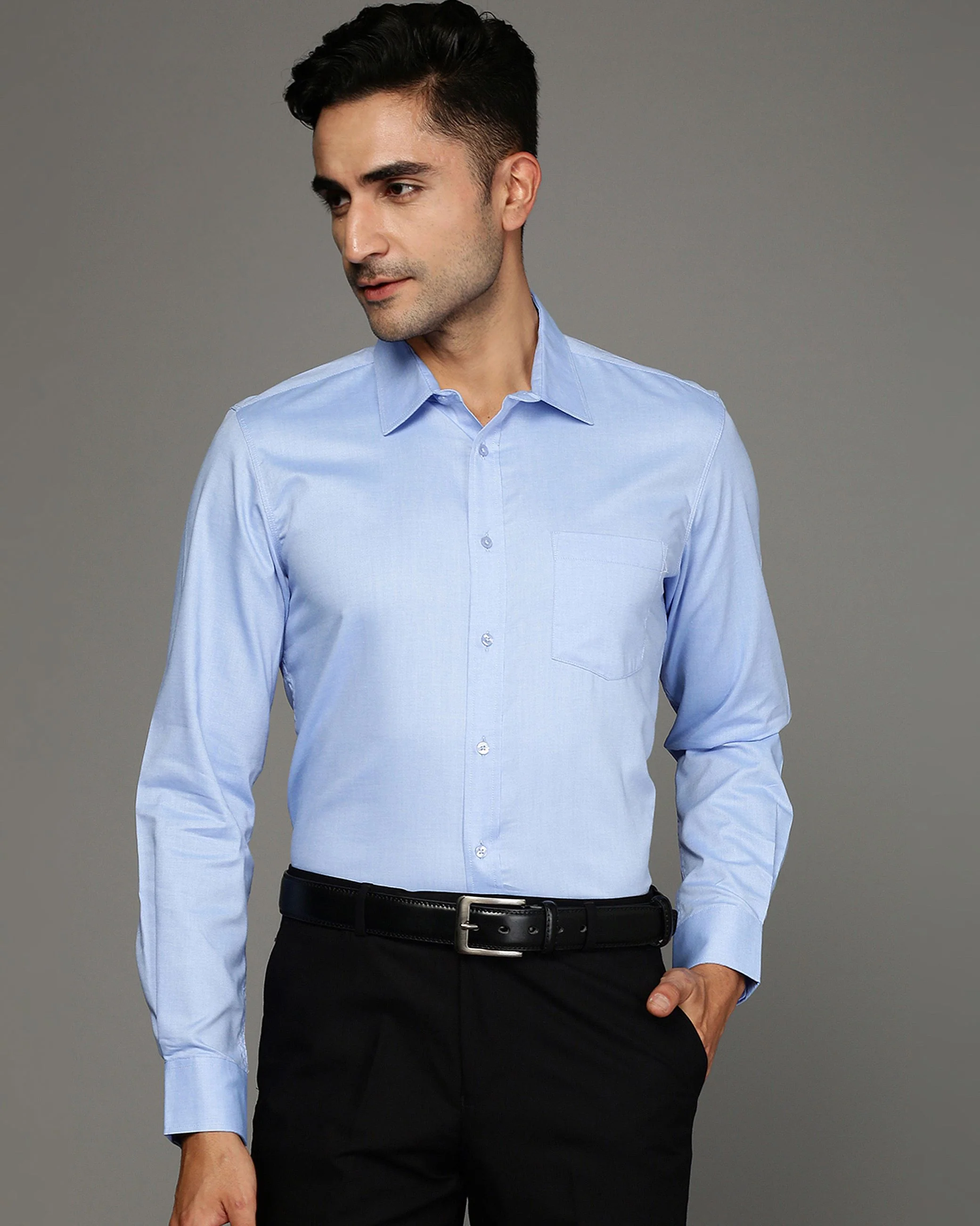 Men Blue Cotton Blend Slim Shirt - Image 6