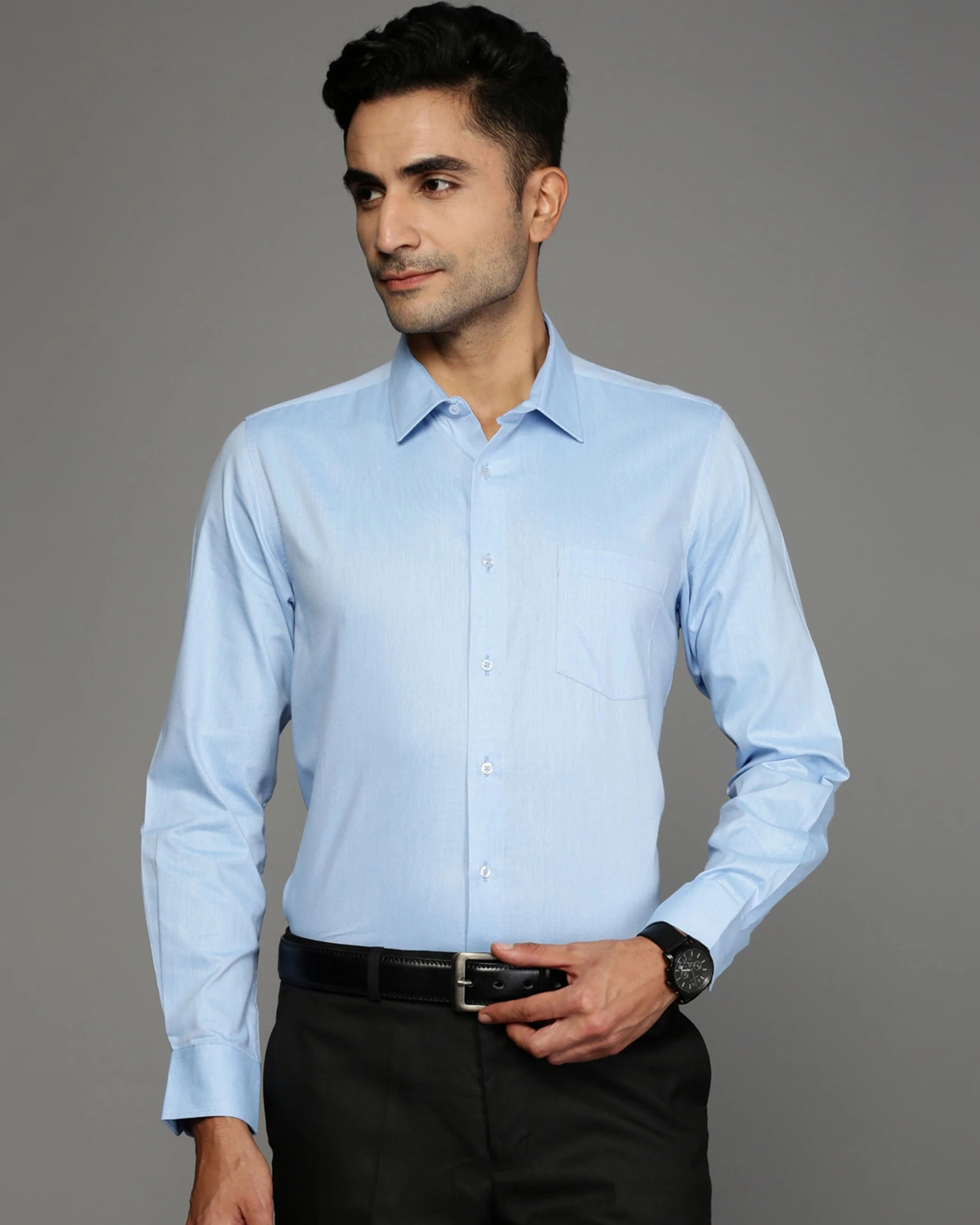 Men Blue Cotton Blend Slim Shirt - Image 2