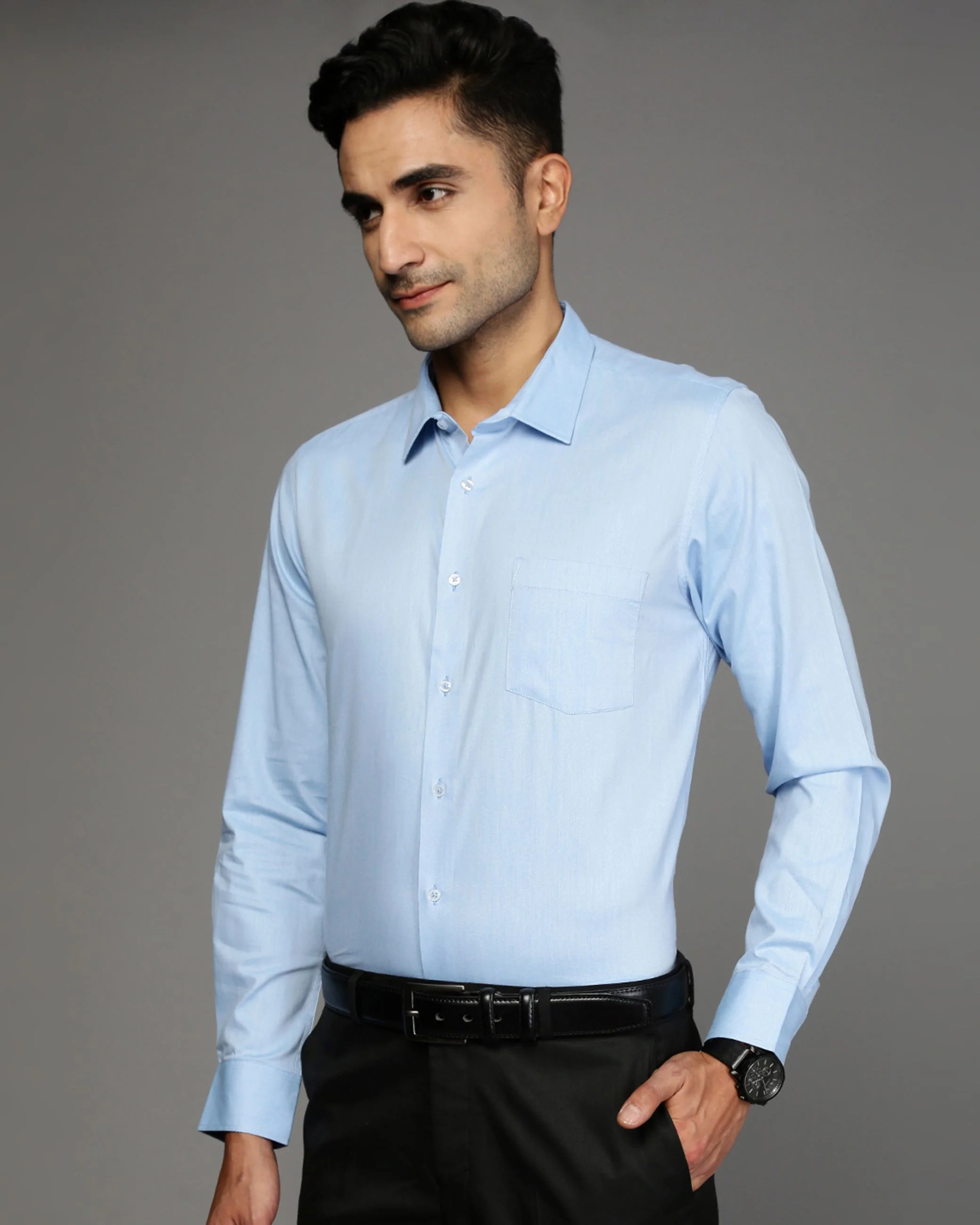 Men Blue Cotton Blend Slim Shirt - Image 3