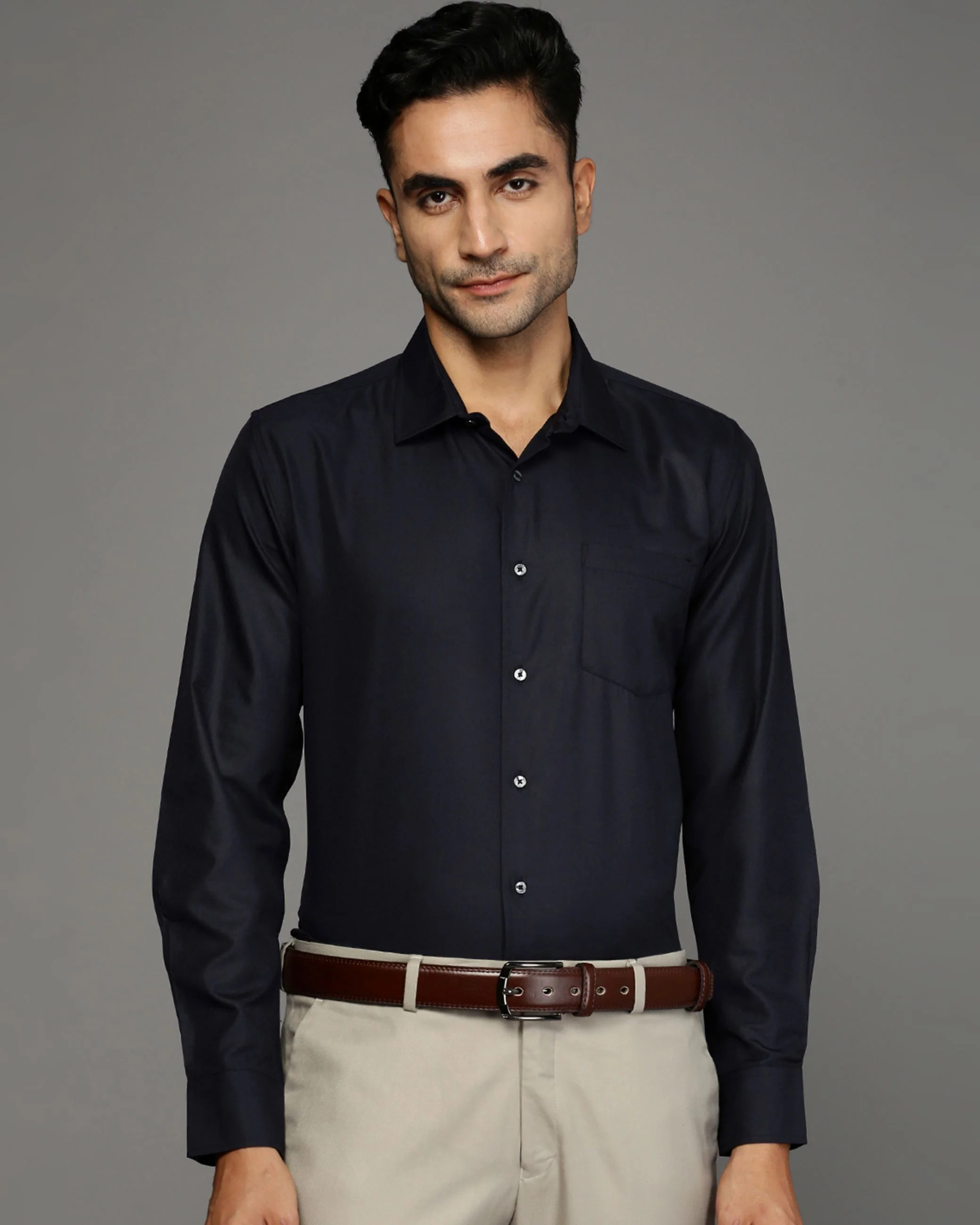 Men Blue Cotton Blend Slim Shirt - Image 2