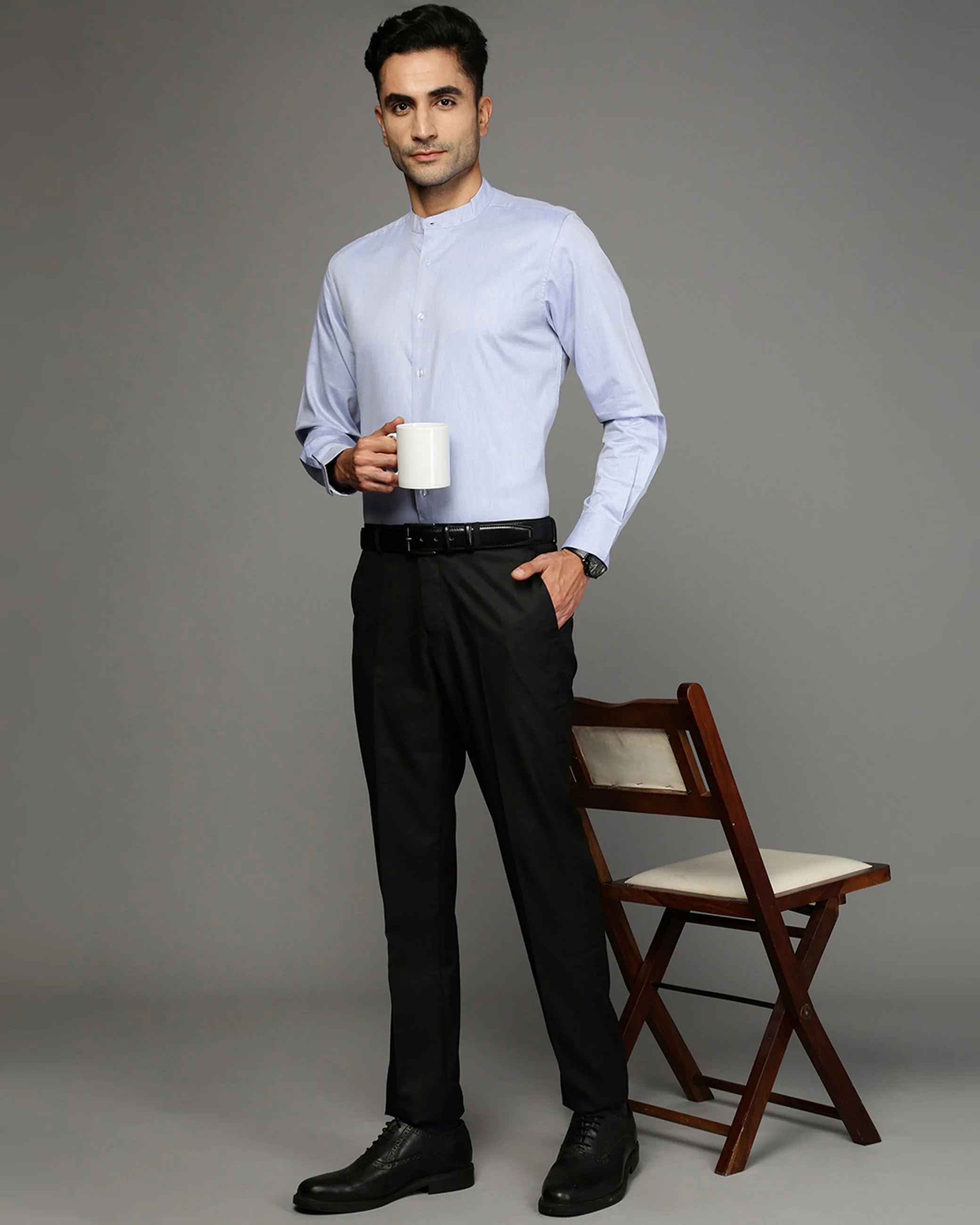 Men Blue Cotton Blend Slim Shirt - Image 5