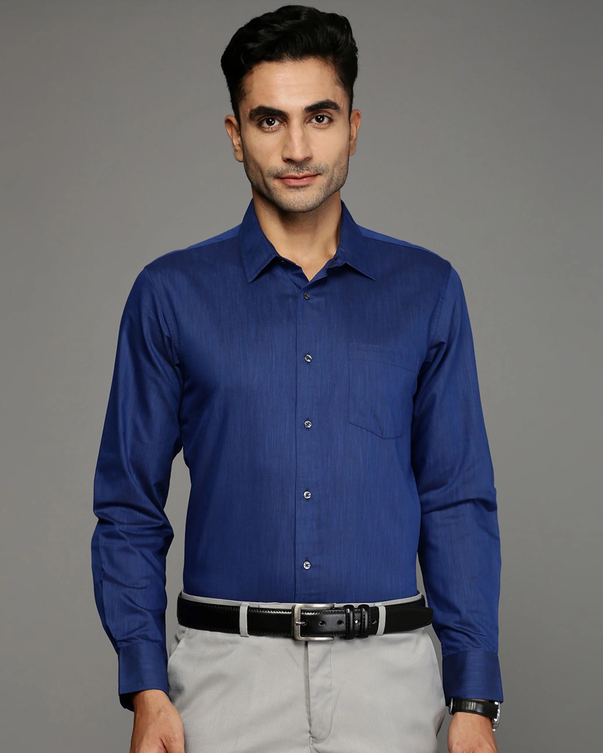 Men Blue Cotton Blend Slim Shirt - Image 2