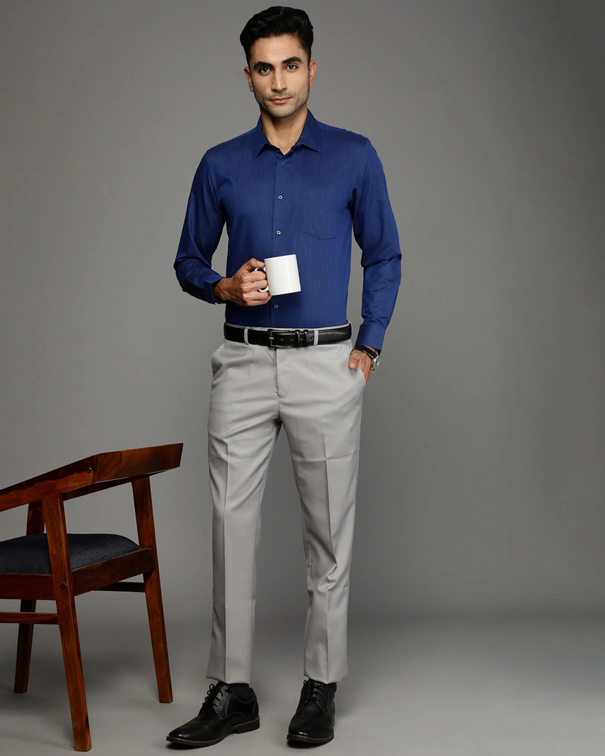 Men Blue Cotton Blend Slim Shirt - Image 5