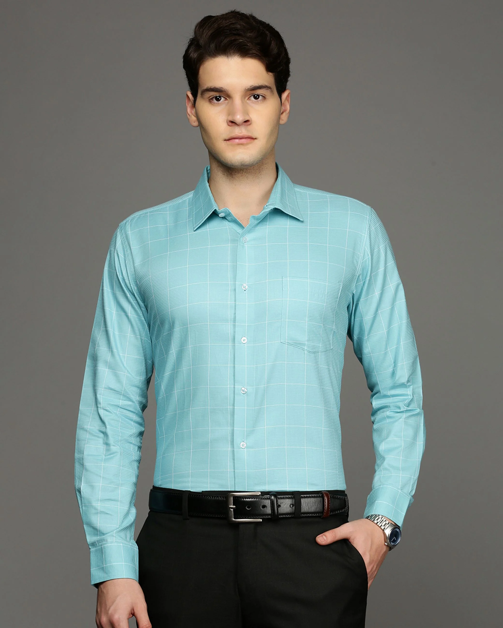 Men Blue Cotton Blend Slim Shirt - Image 2