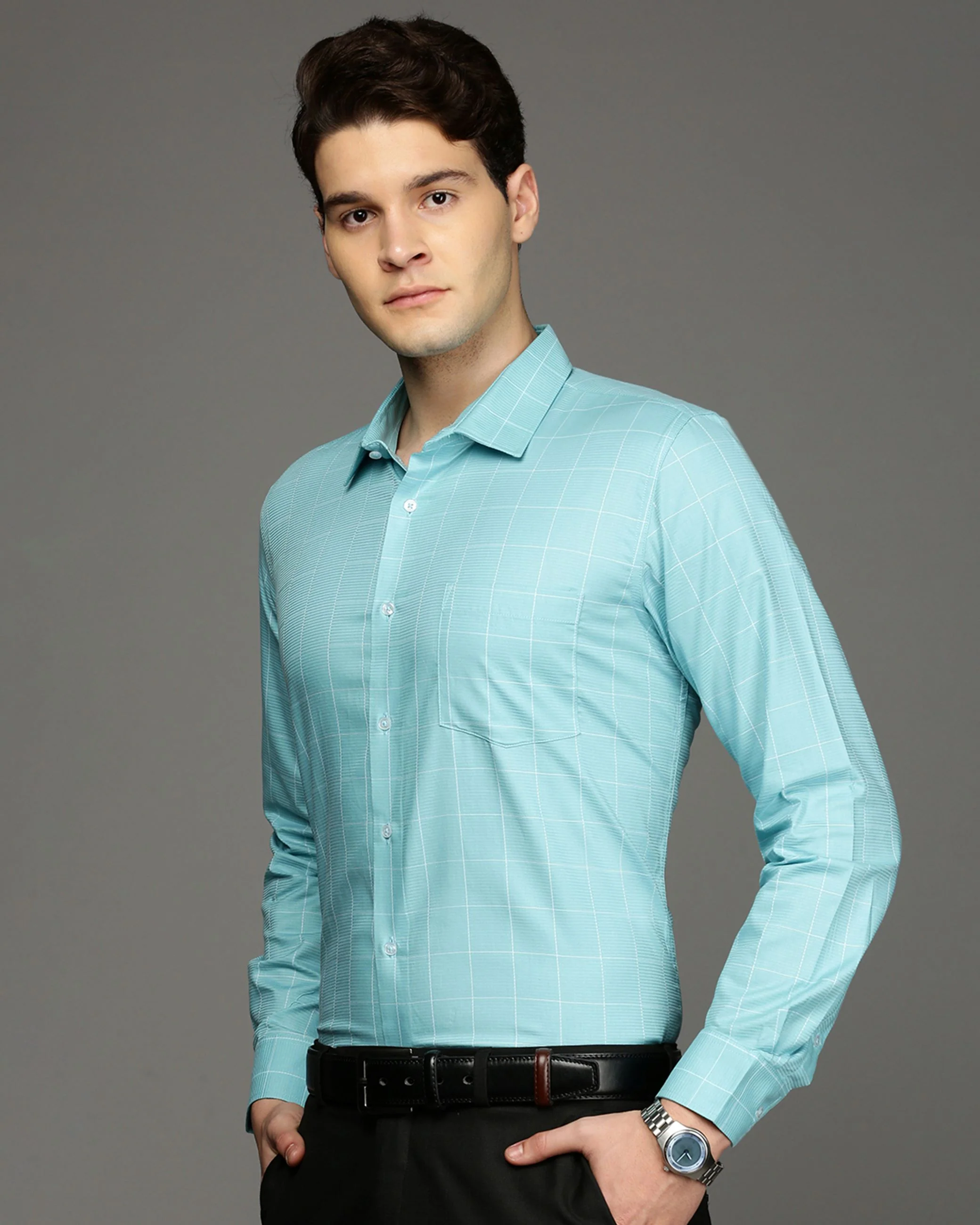 Men Blue Cotton Blend Slim Shirt - Image 3