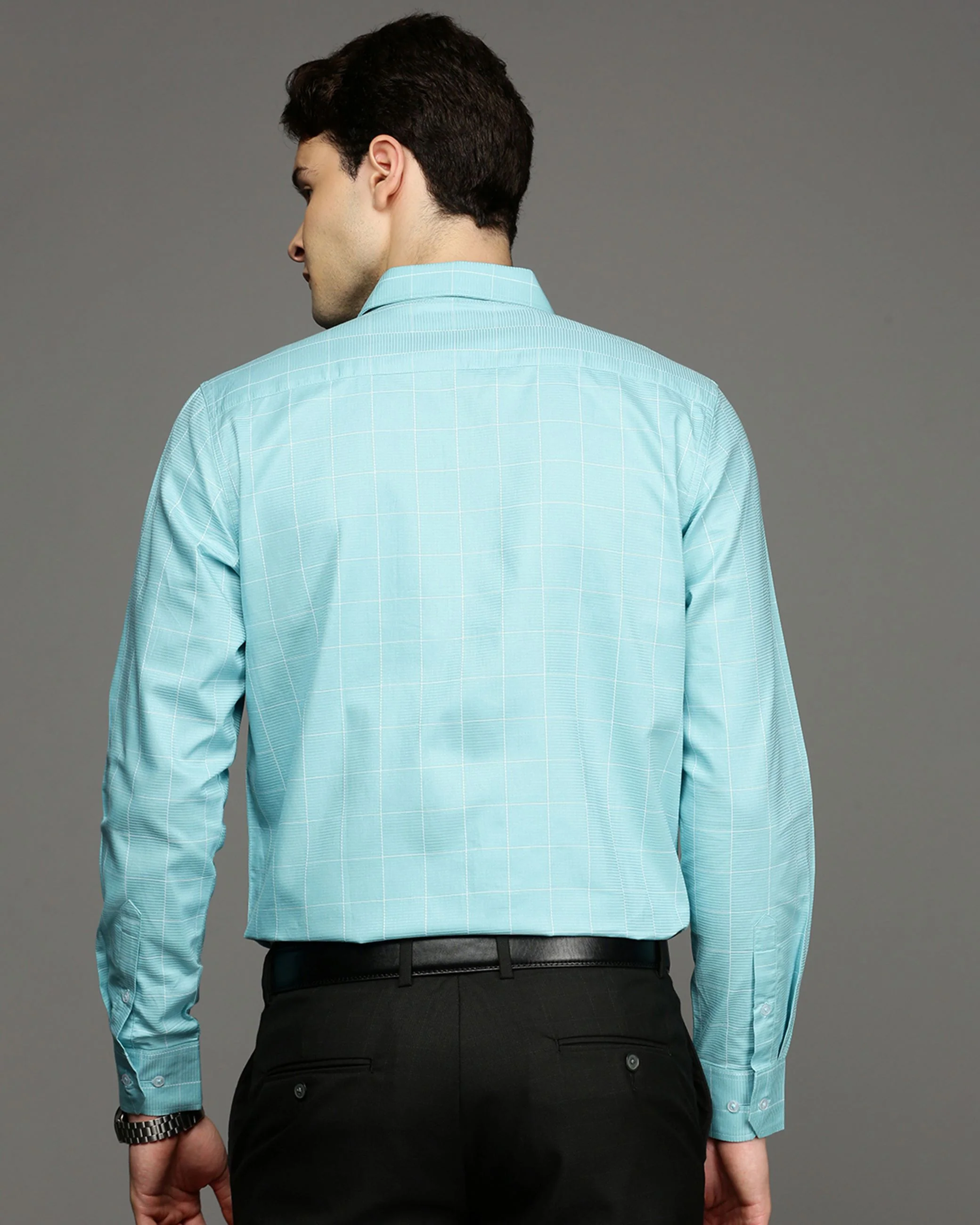 Men Blue Cotton Blend Slim Shirt - Image 4