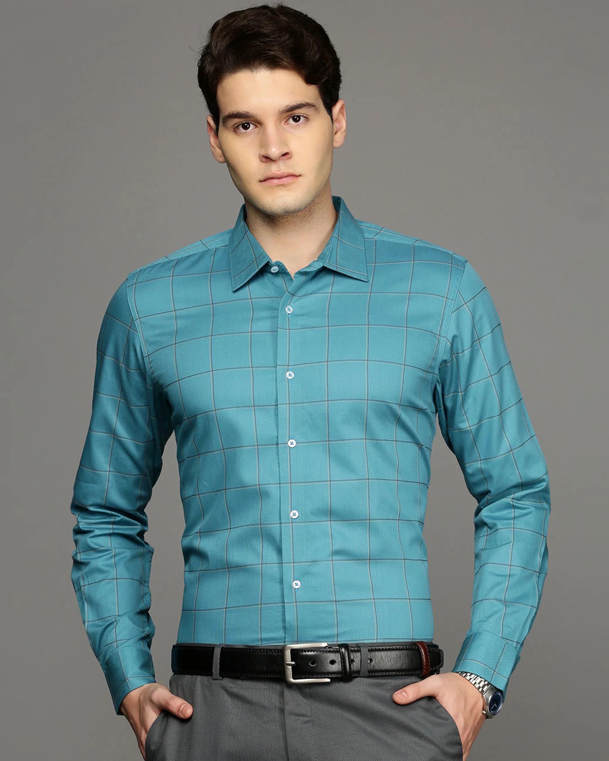 Men Blue Cotton Blend Slim Shirt - Image 2