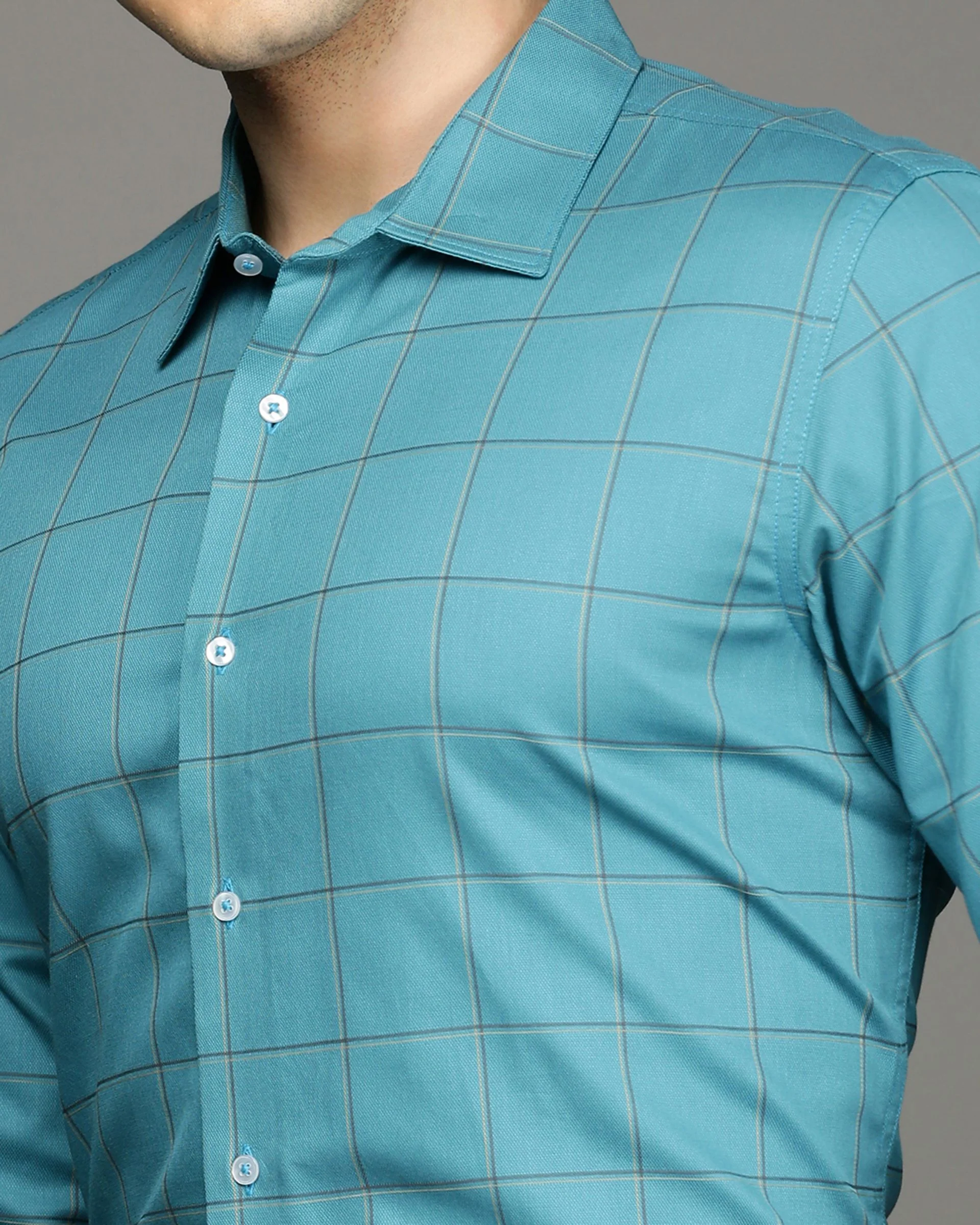 Men Blue Cotton Blend Slim Shirt - Image 6