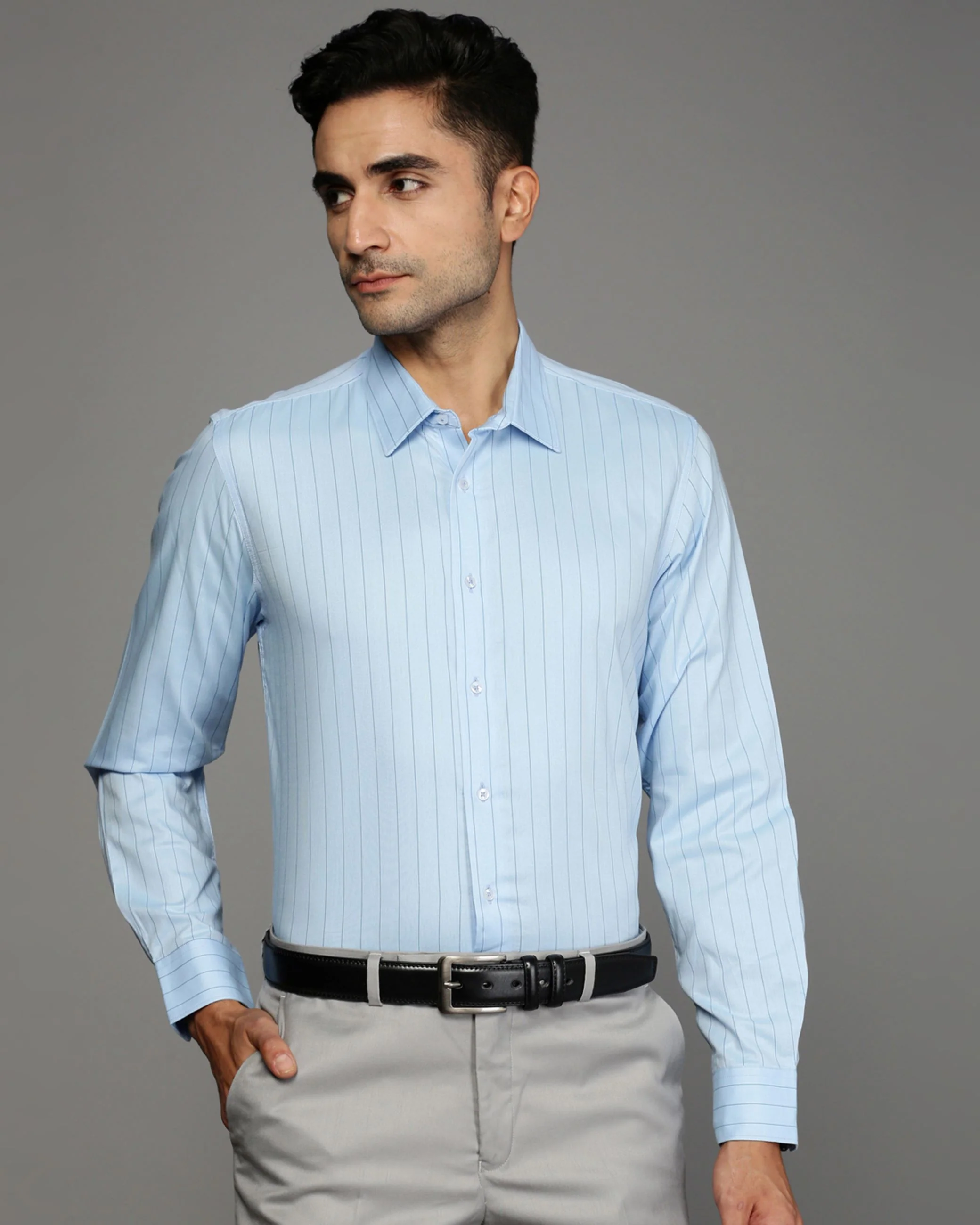 Men Blue Cotton Blend Slim Shirt - Image 2