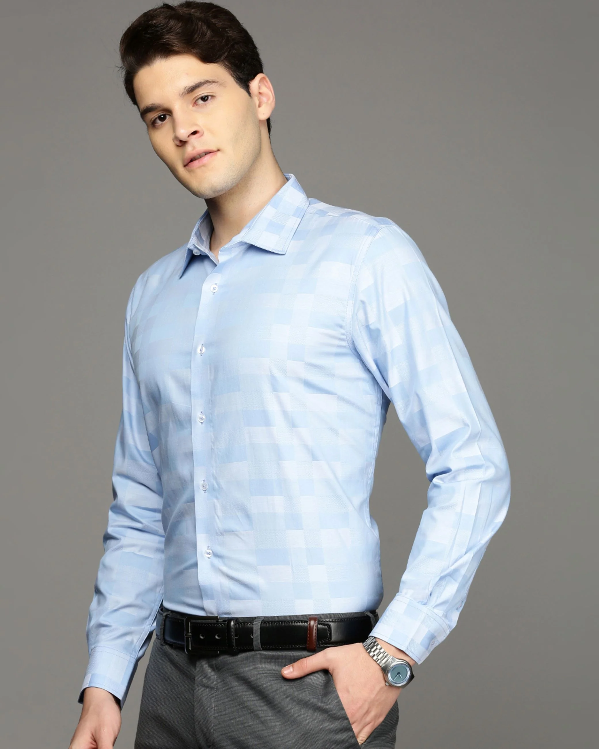 Men Blue Cotton Blend Slim Shirt - Image 3