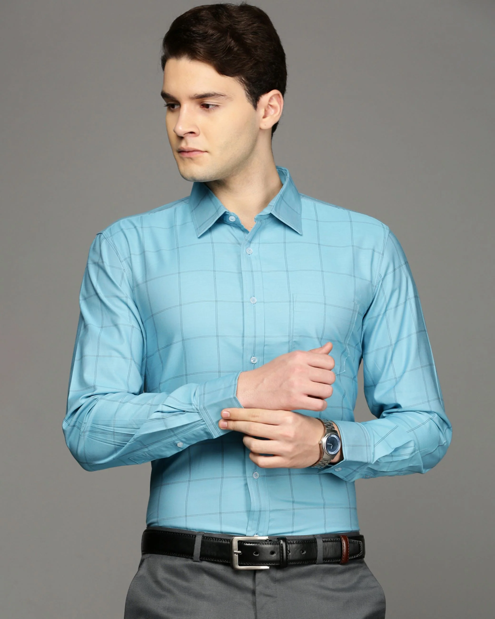 Men Blue Cotton Blend Slim Shirt - Image 2