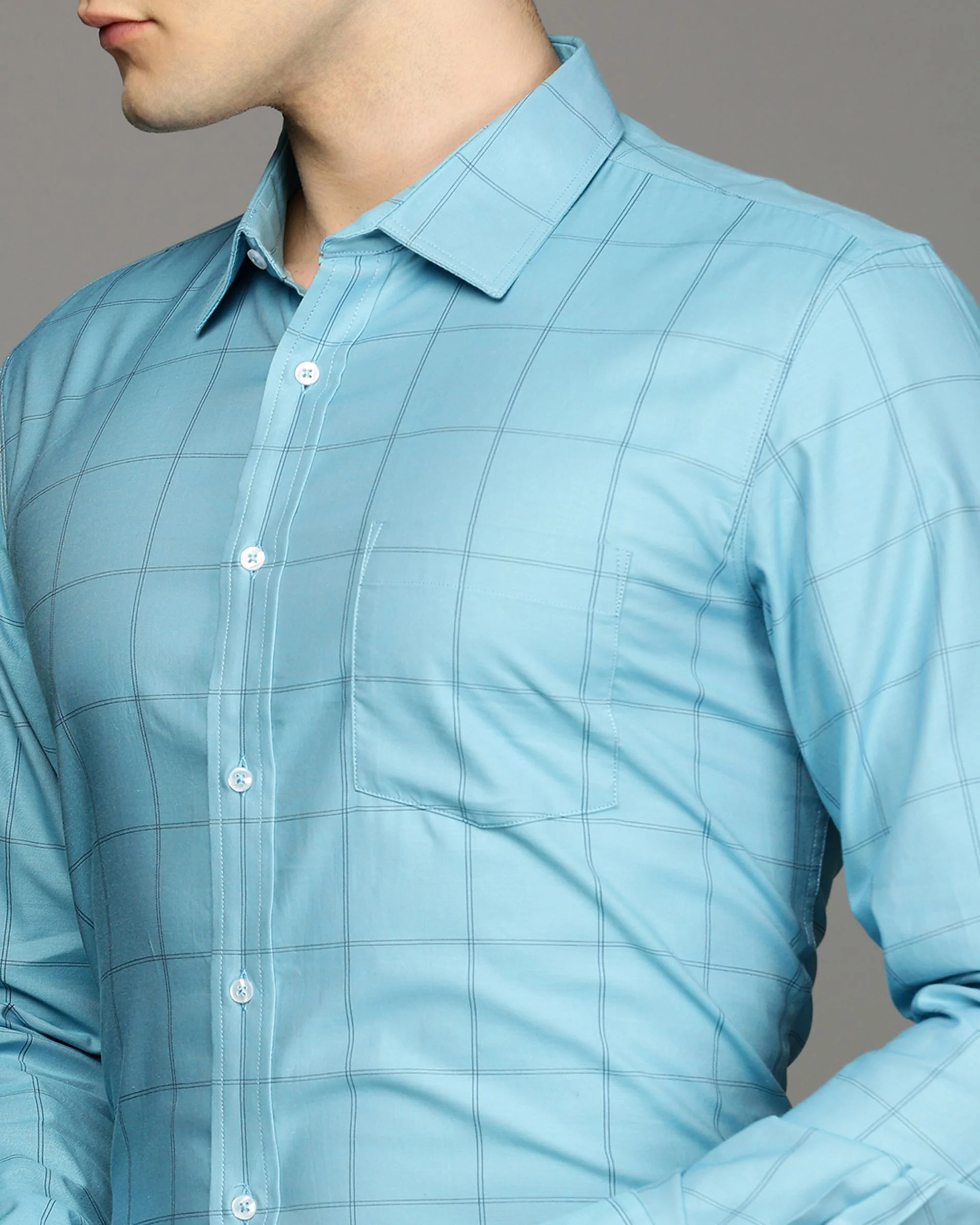 Men Blue Cotton Blend Slim Shirt - Image 6
