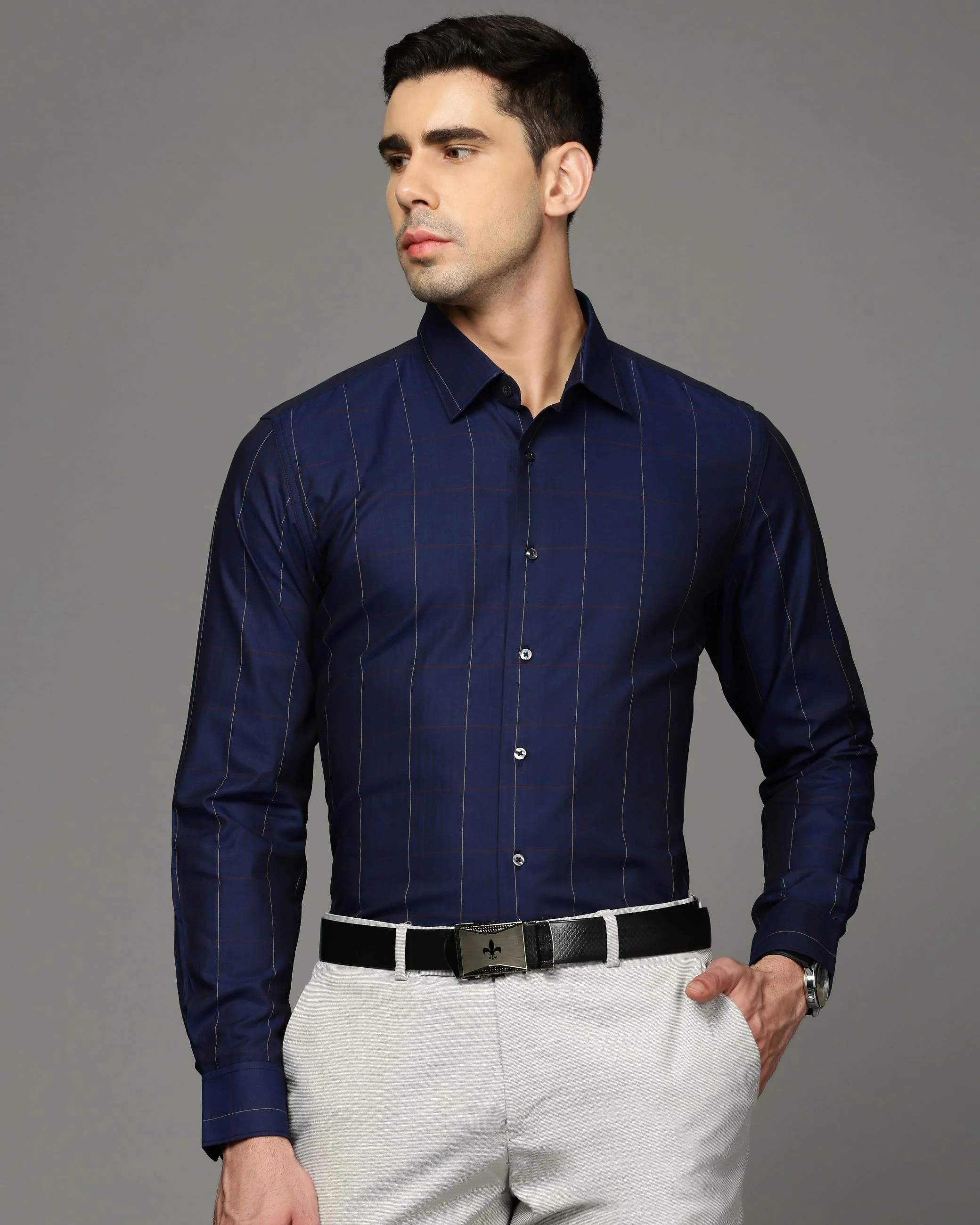 Men Blue Cotton Blend Slim Shirt - Image 2