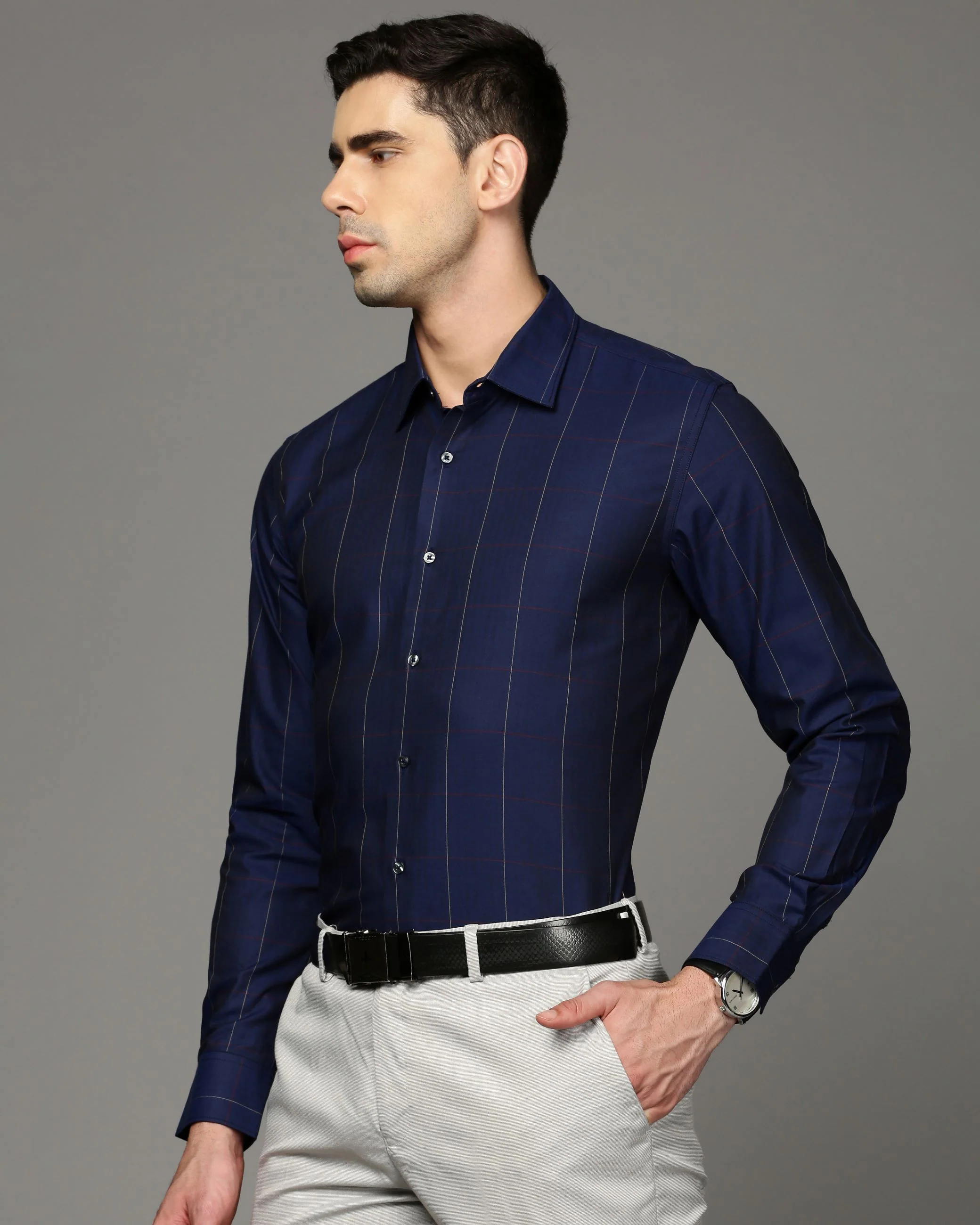 Men Blue Cotton Blend Slim Shirt - Image 3