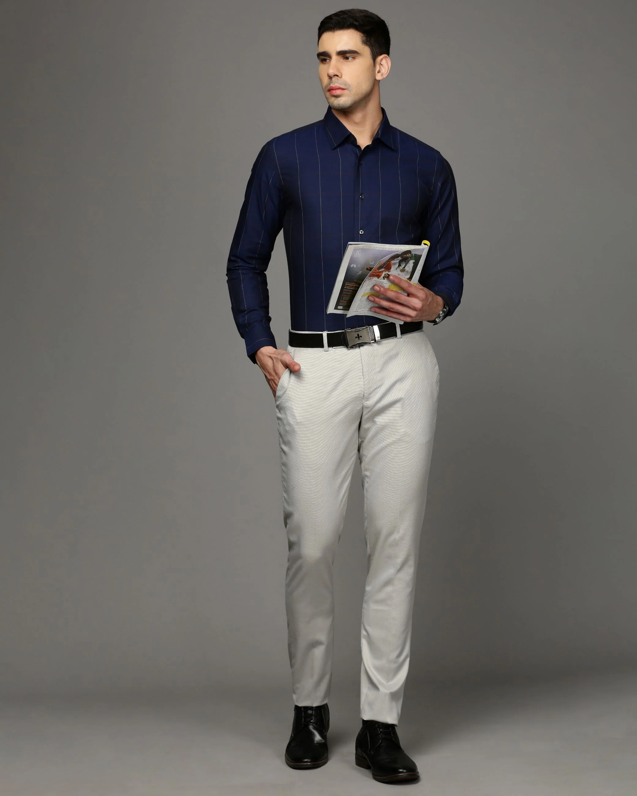 Men Blue Cotton Blend Slim Shirt - Image 5