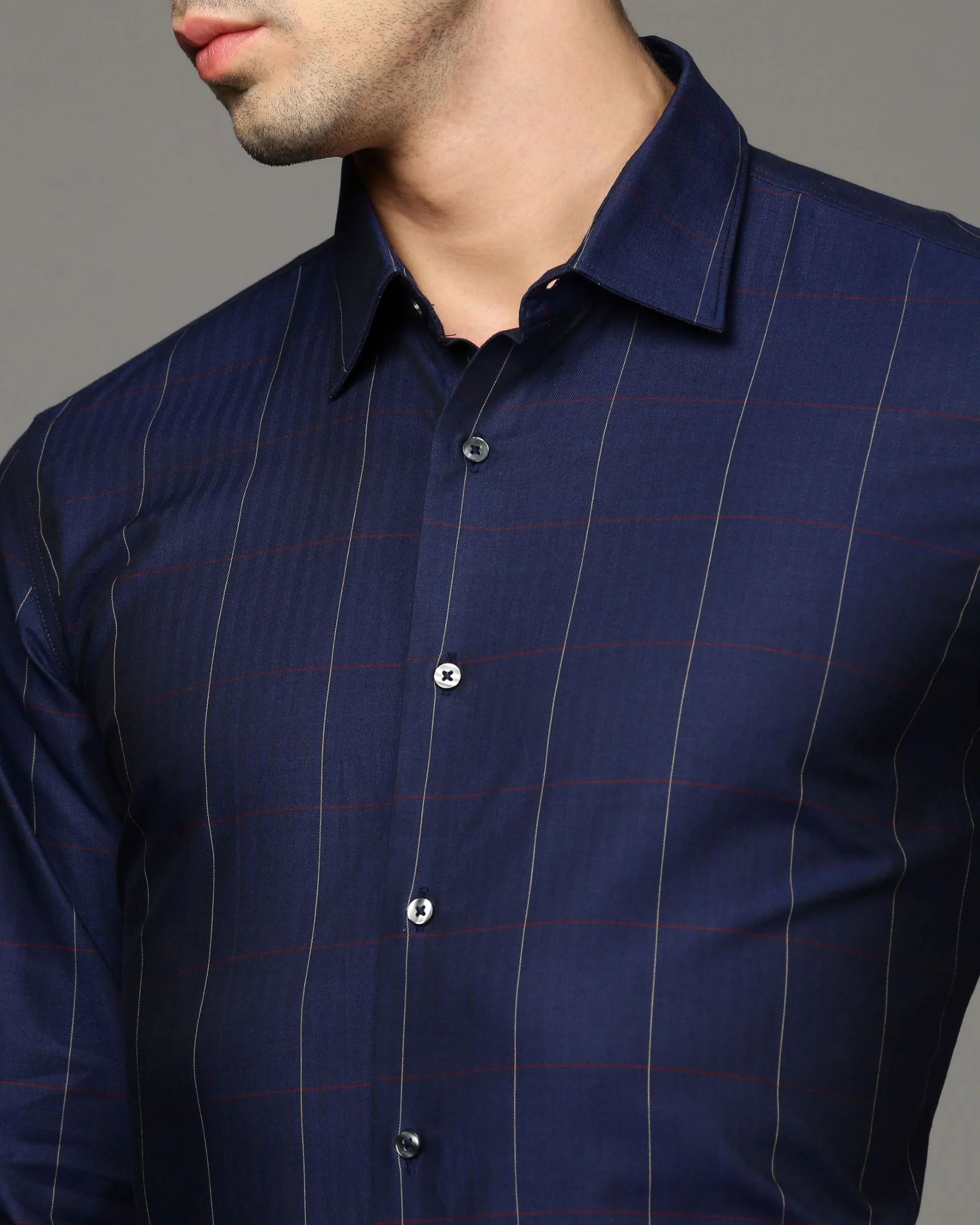 Men Blue Cotton Blend Slim Shirt - Image 6