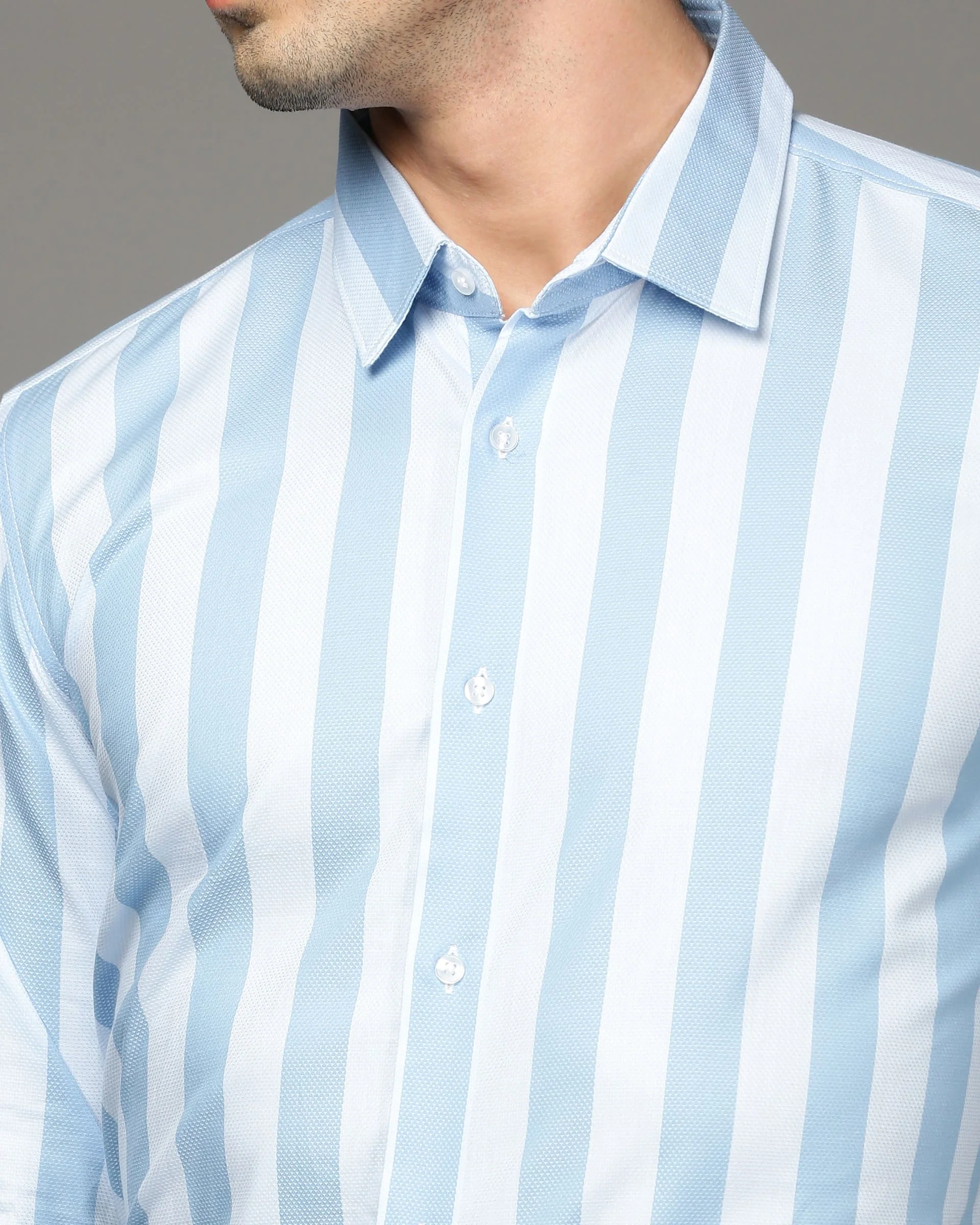 Men Blue Cotton Blend Slim Shirt - Image 6
