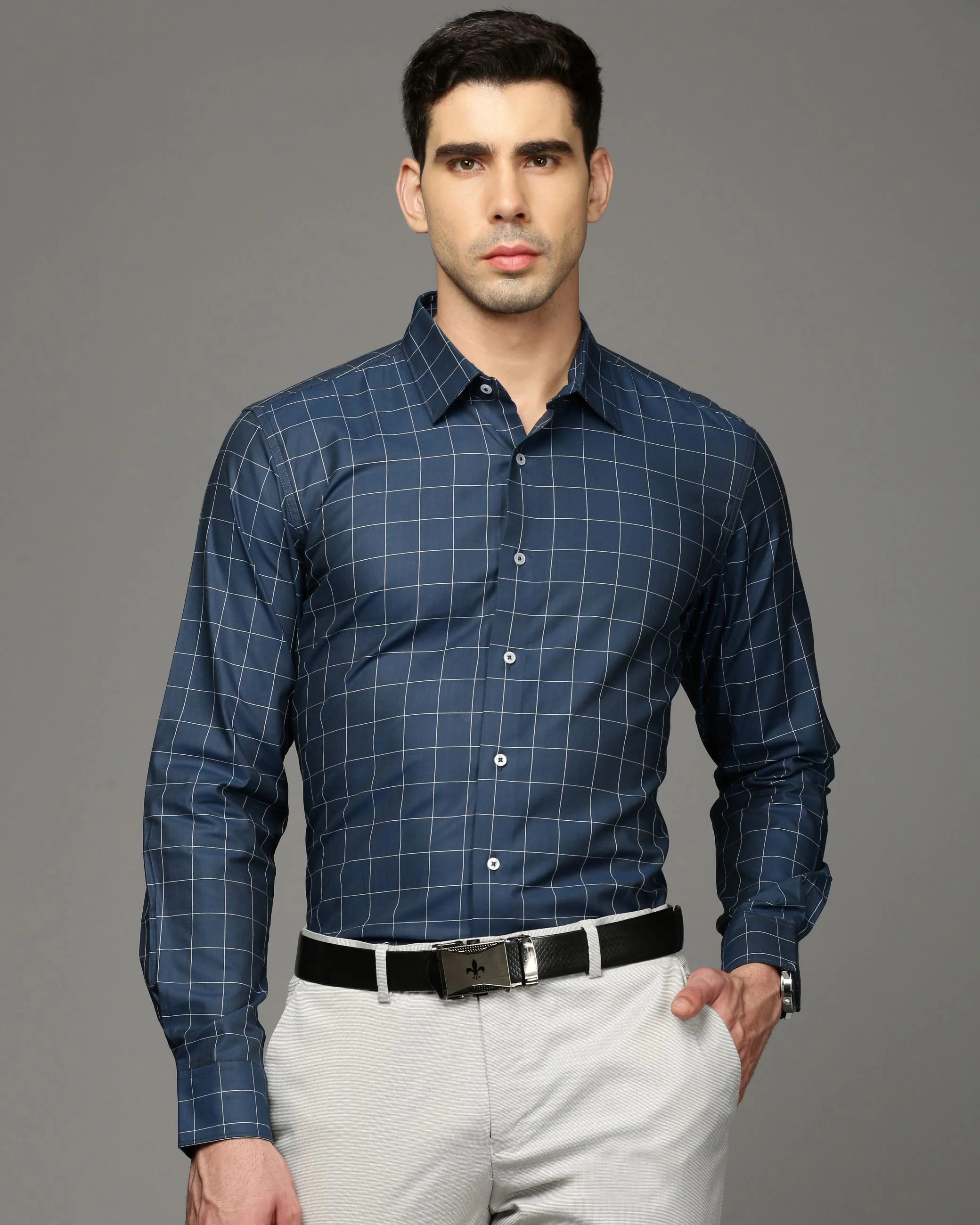 Men Blue Cotton Blend Slim Shirt - Image 2