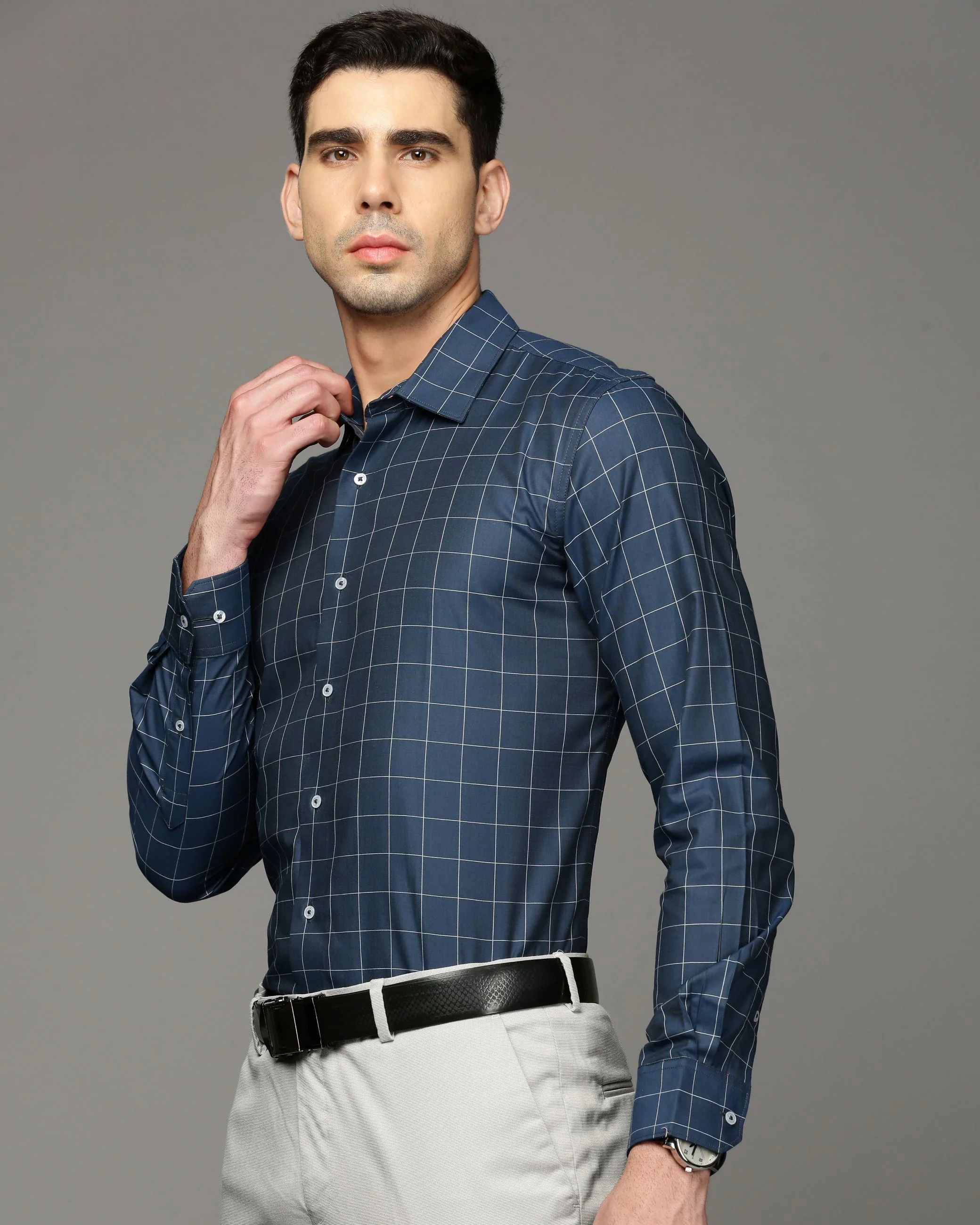 Men Blue Cotton Blend Slim Shirt - Image 3