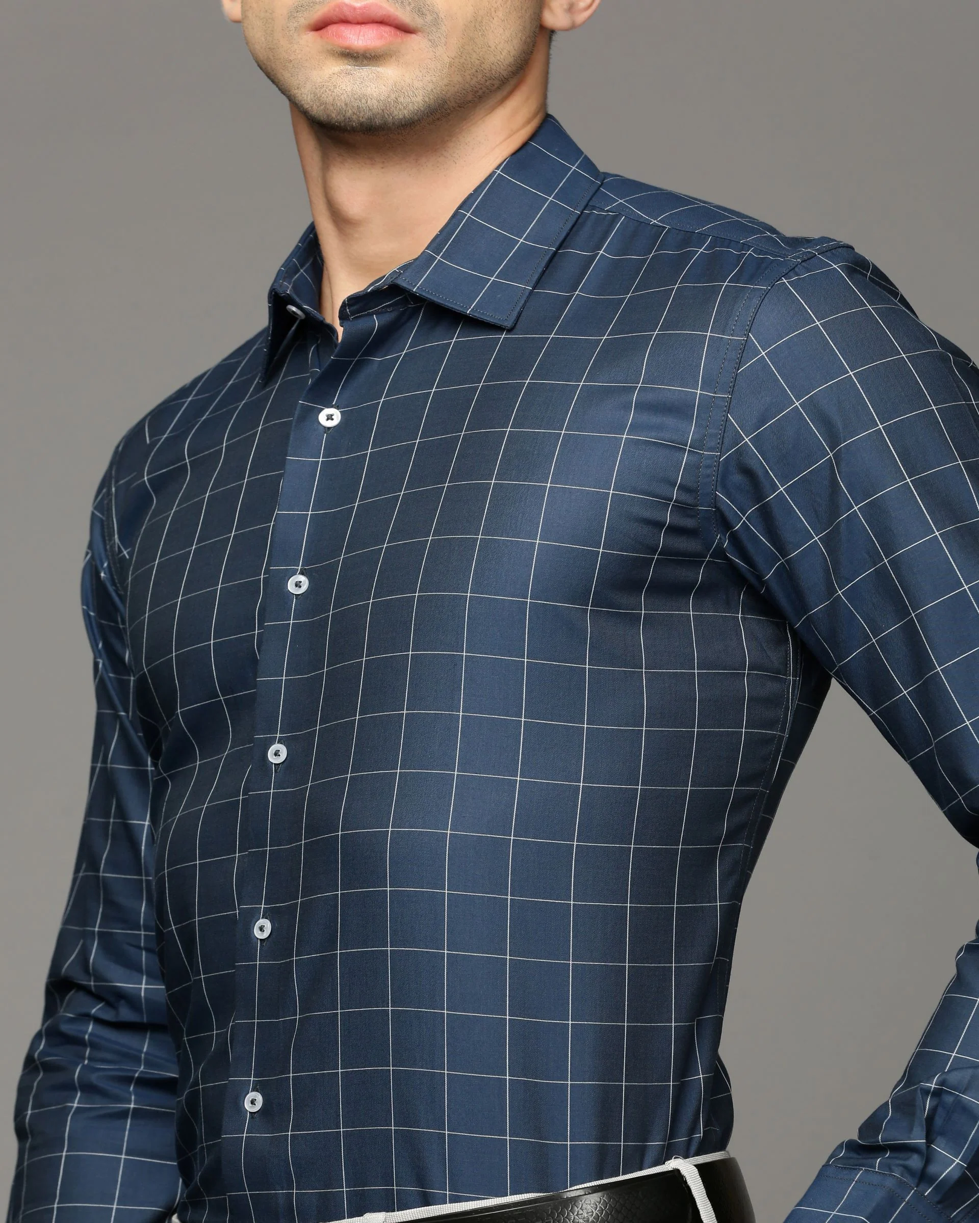 Men Blue Cotton Blend Slim Shirt - Image 6