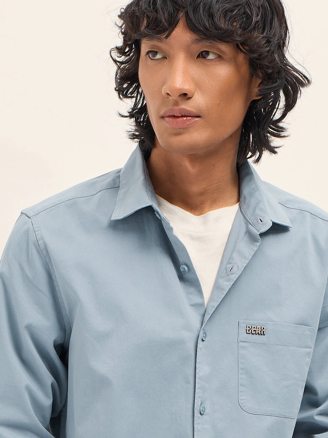 Men Blue Cotton Blend Solid Slim Fit Casual Shirt - Image 5