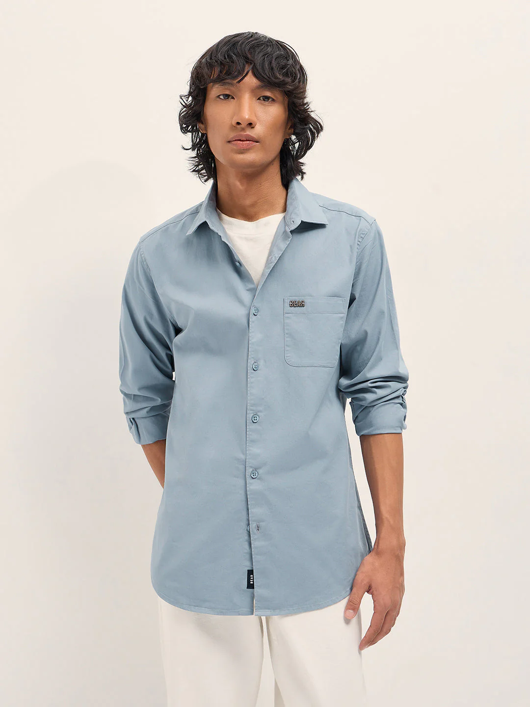 Men Blue Cotton Blend Solid Slim Fit Casual Shirt - Image 6