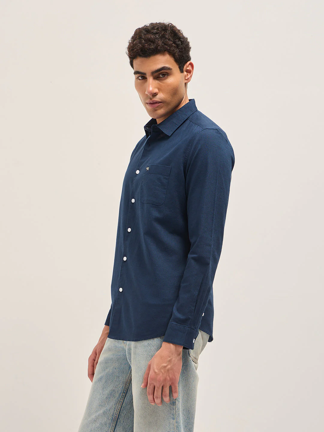 Men Blue Cotton Linen Slim Fit Solid Casual Shirt - Image 5