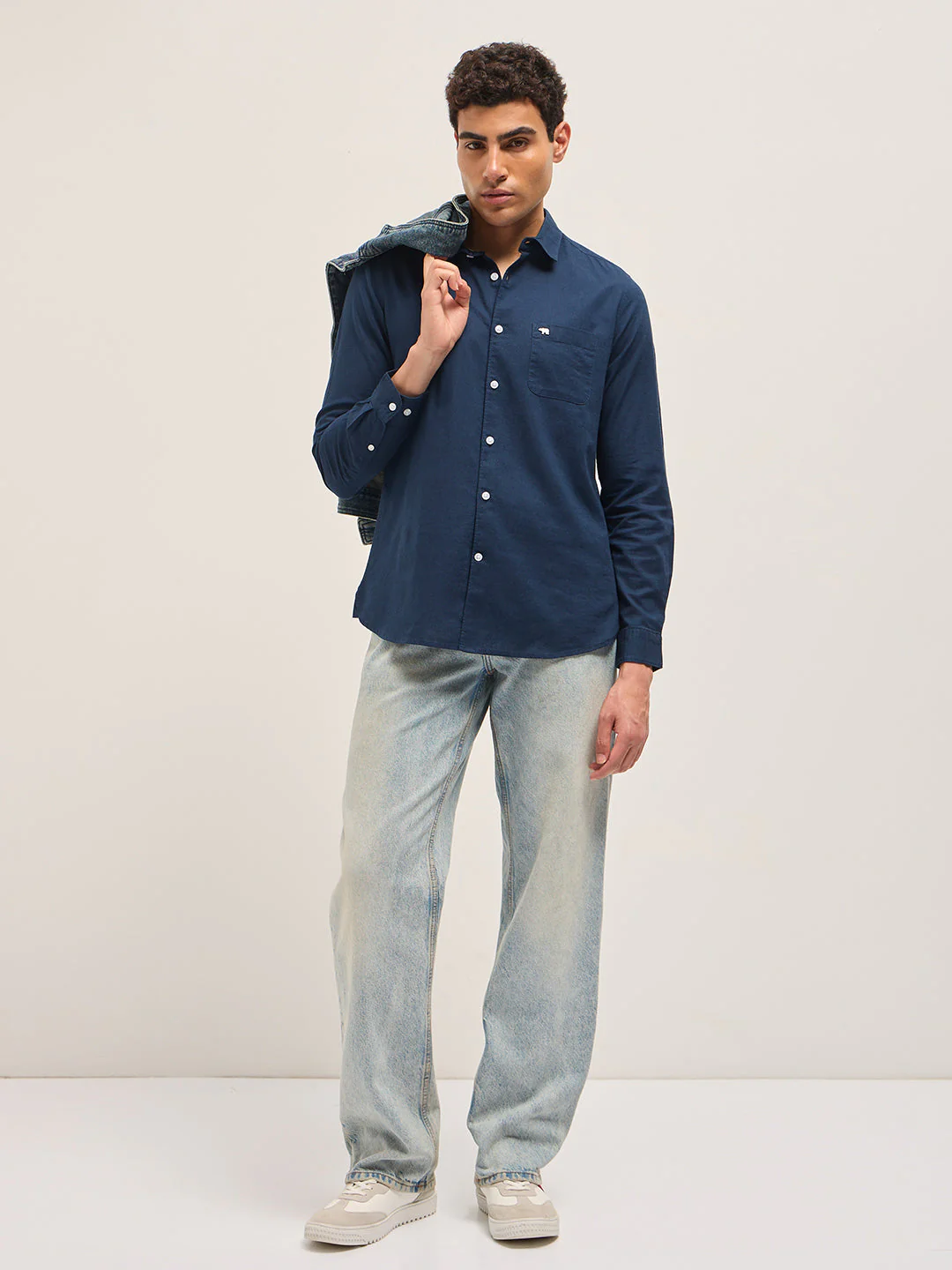 Men Blue Cotton Linen Slim Fit Solid Casual Shirt - Image 6