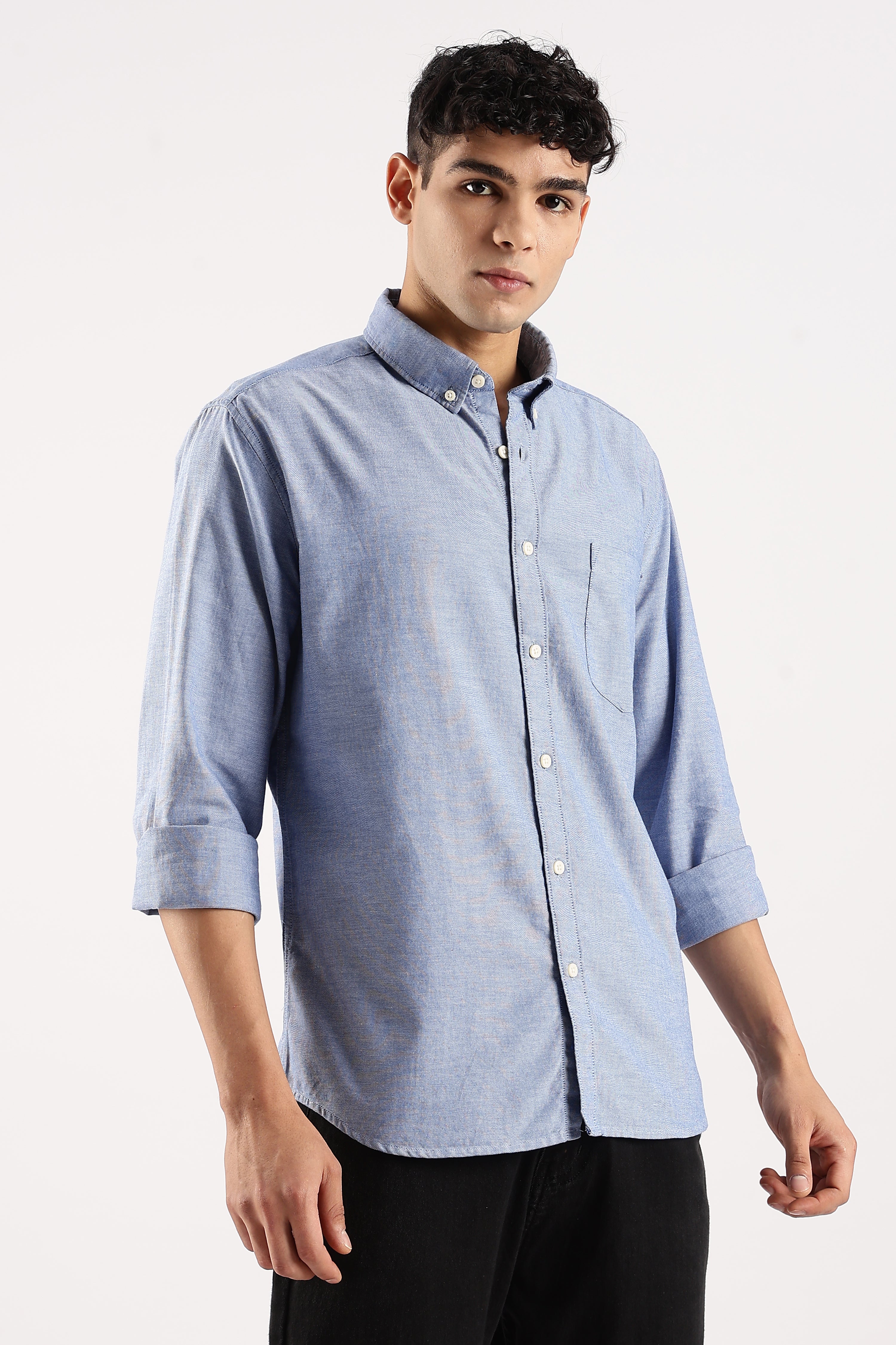 Men Blue Cotton Oxford Shirt - Image 2