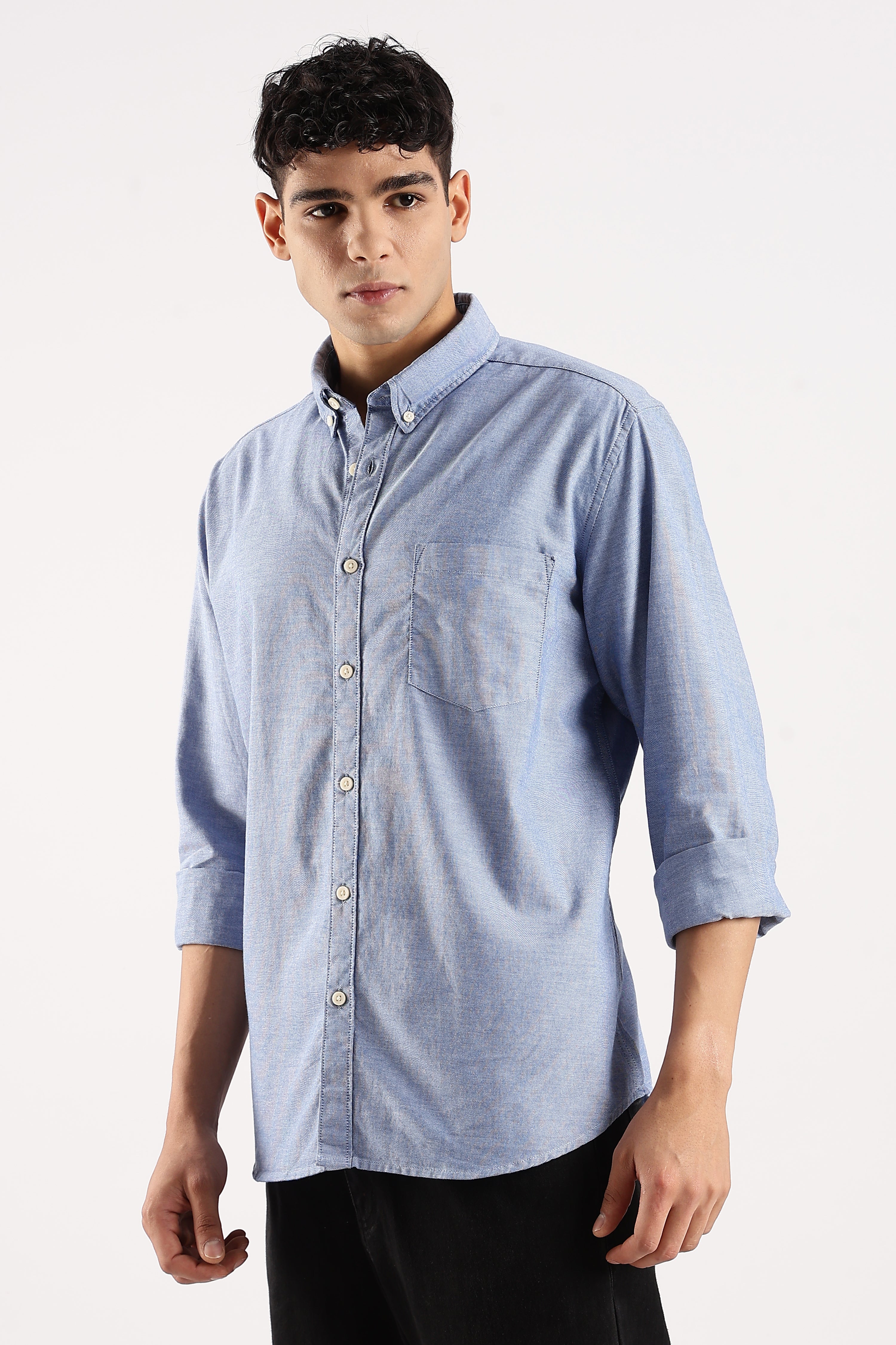 Men Blue Cotton Oxford Shirt - Image 4