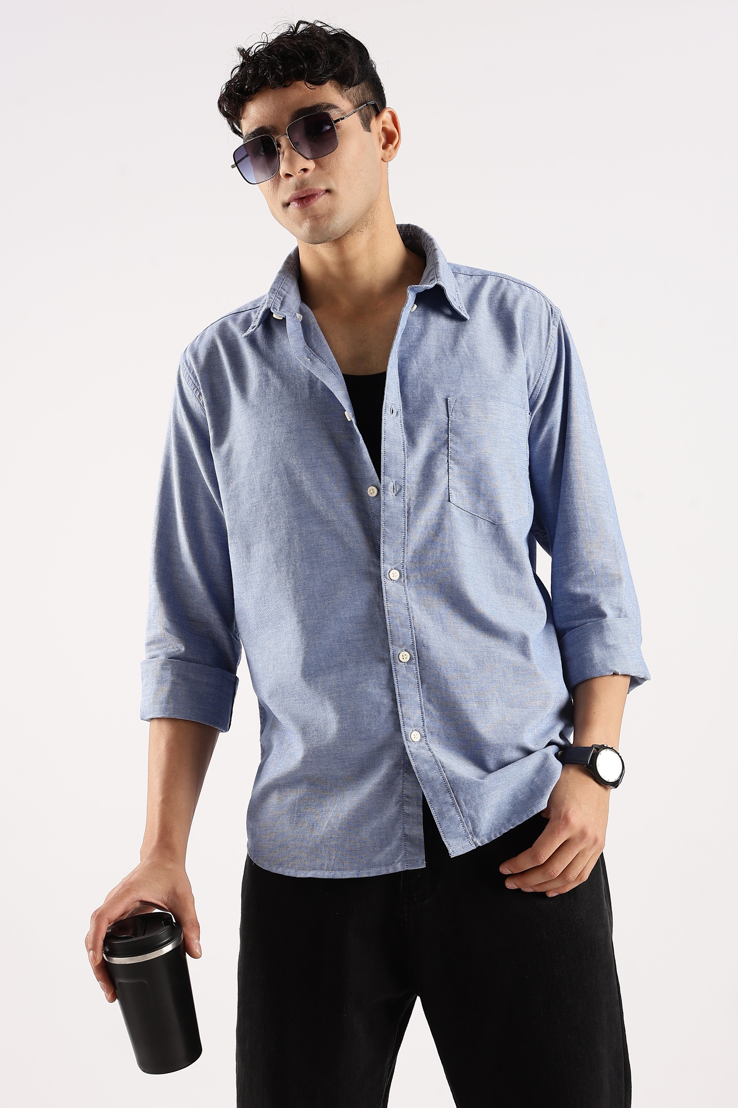 Men Blue Cotton Oxford Shirt - Image 6