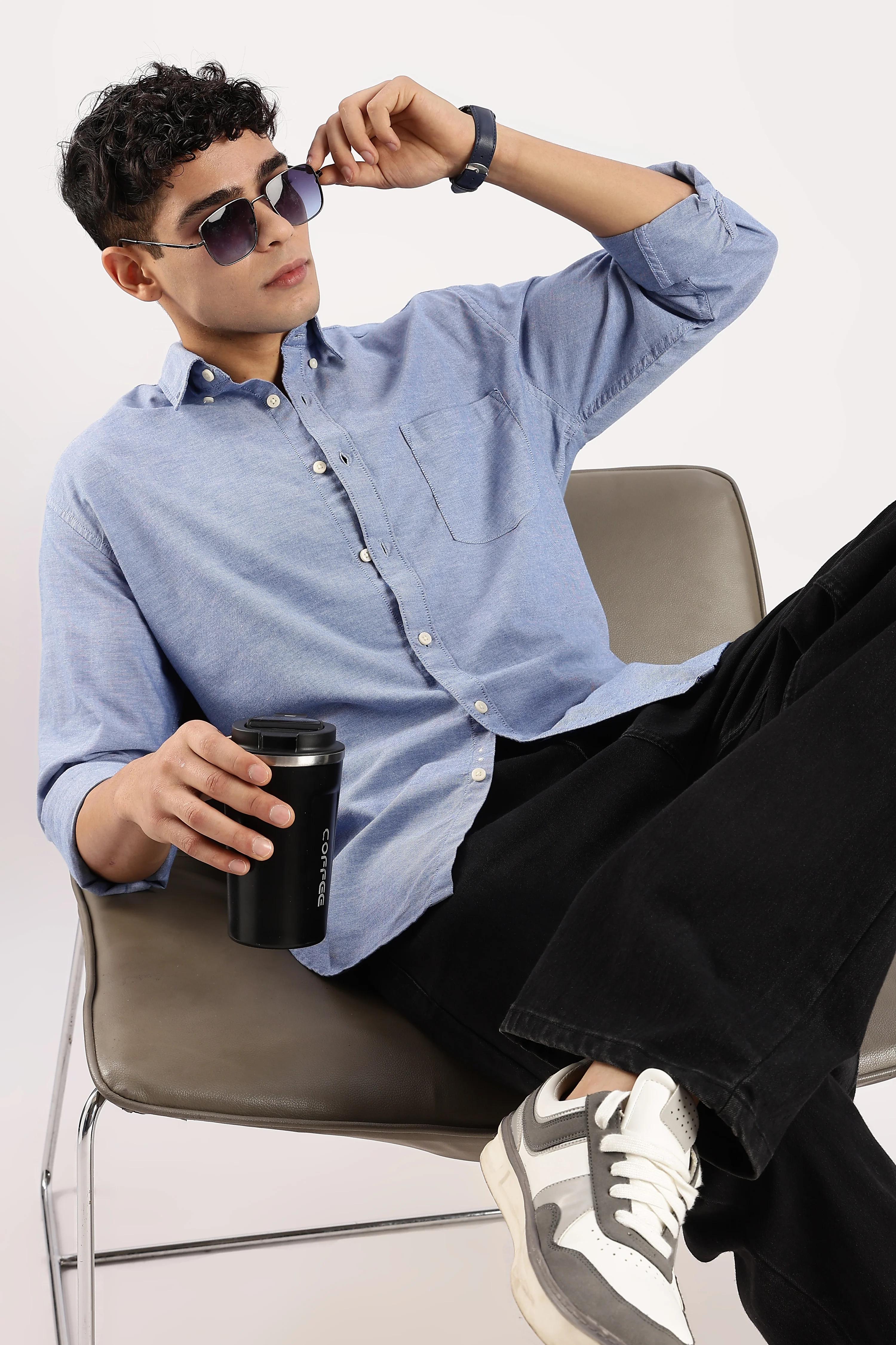 Men Blue Cotton Oxford Shirt - Image 8