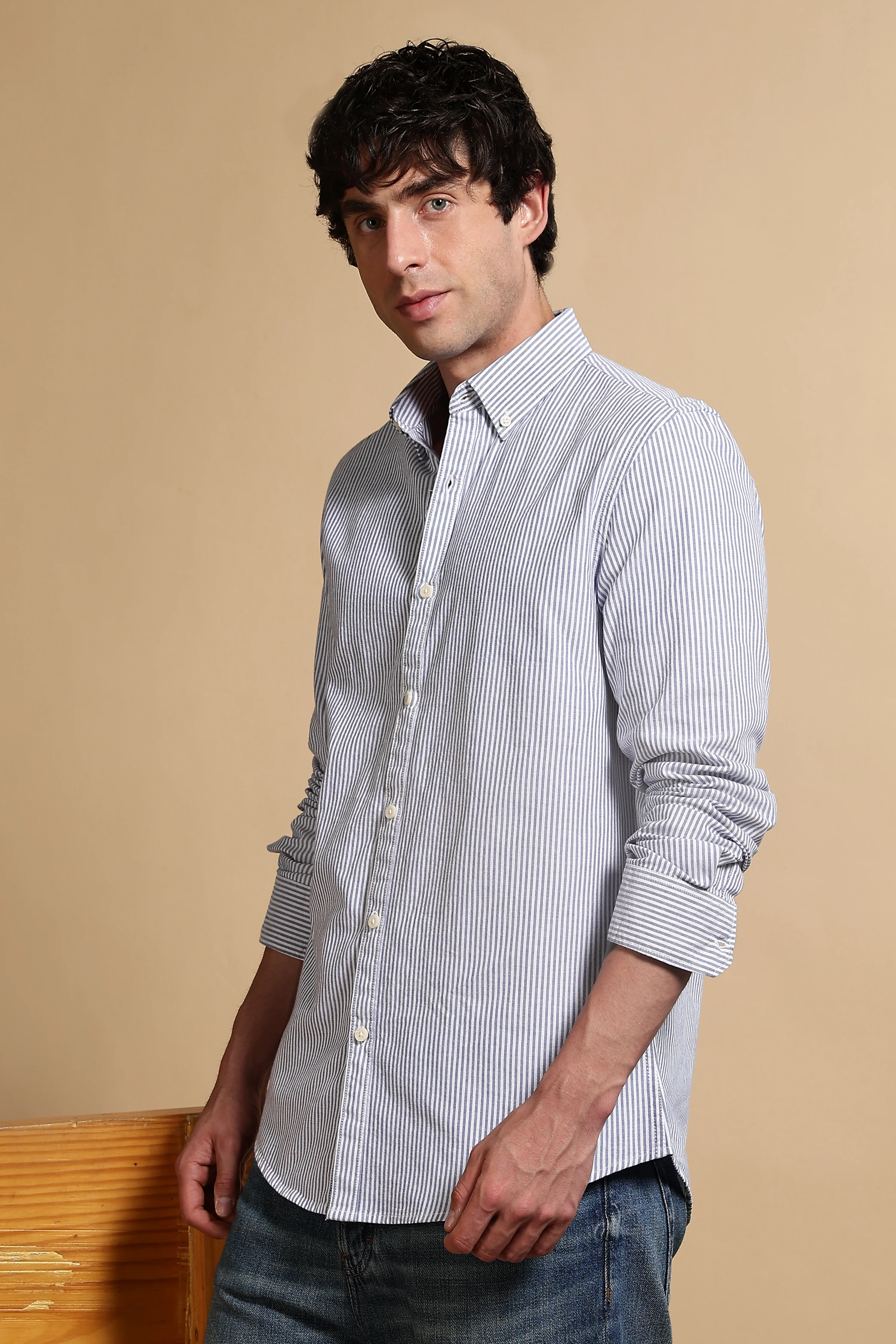 Men Blue Cotton Oxford Slim Fit Striped Shirt - Image 3