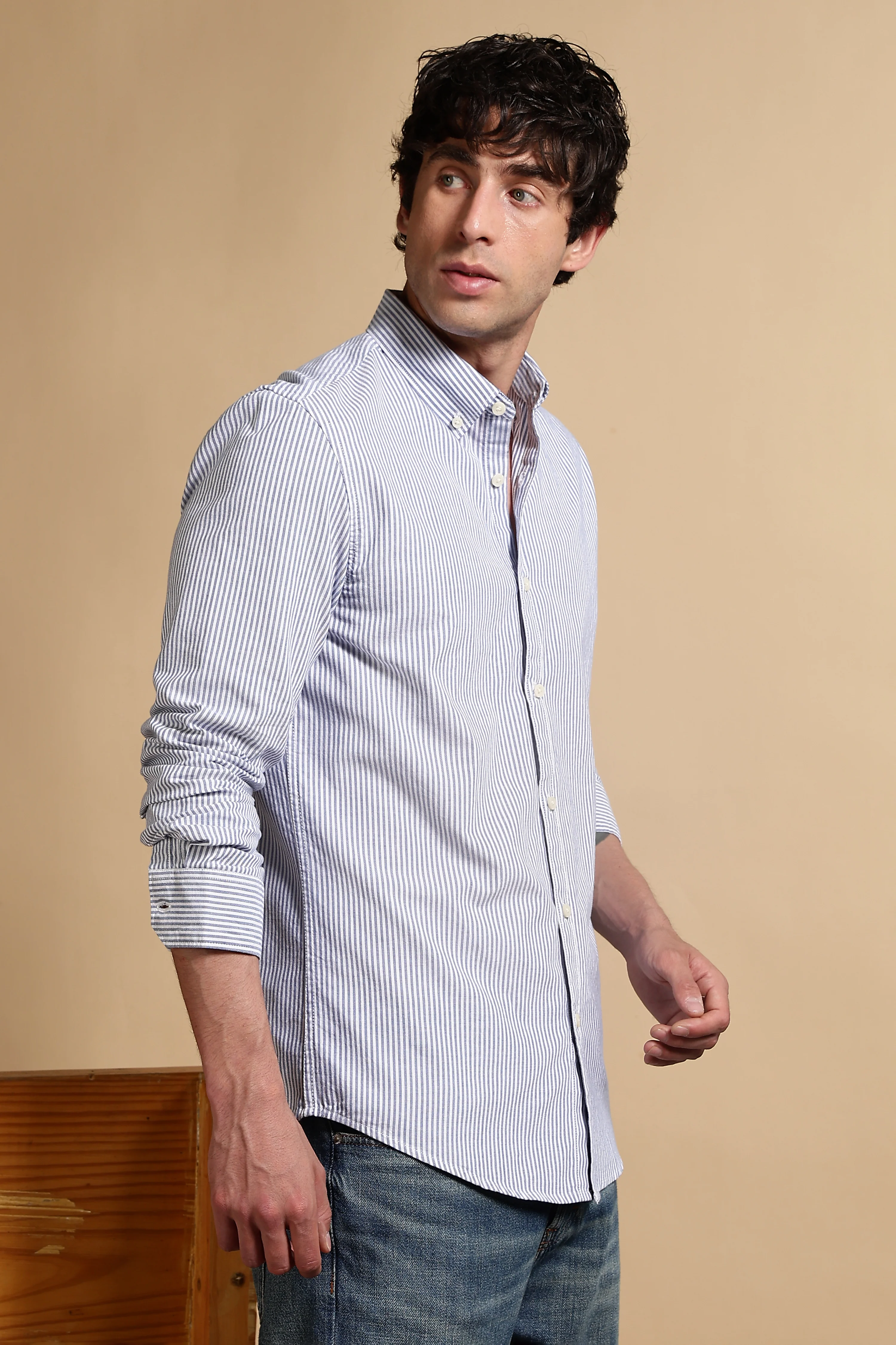 Men Blue Cotton Oxford Slim Fit Striped Shirt - Image 5