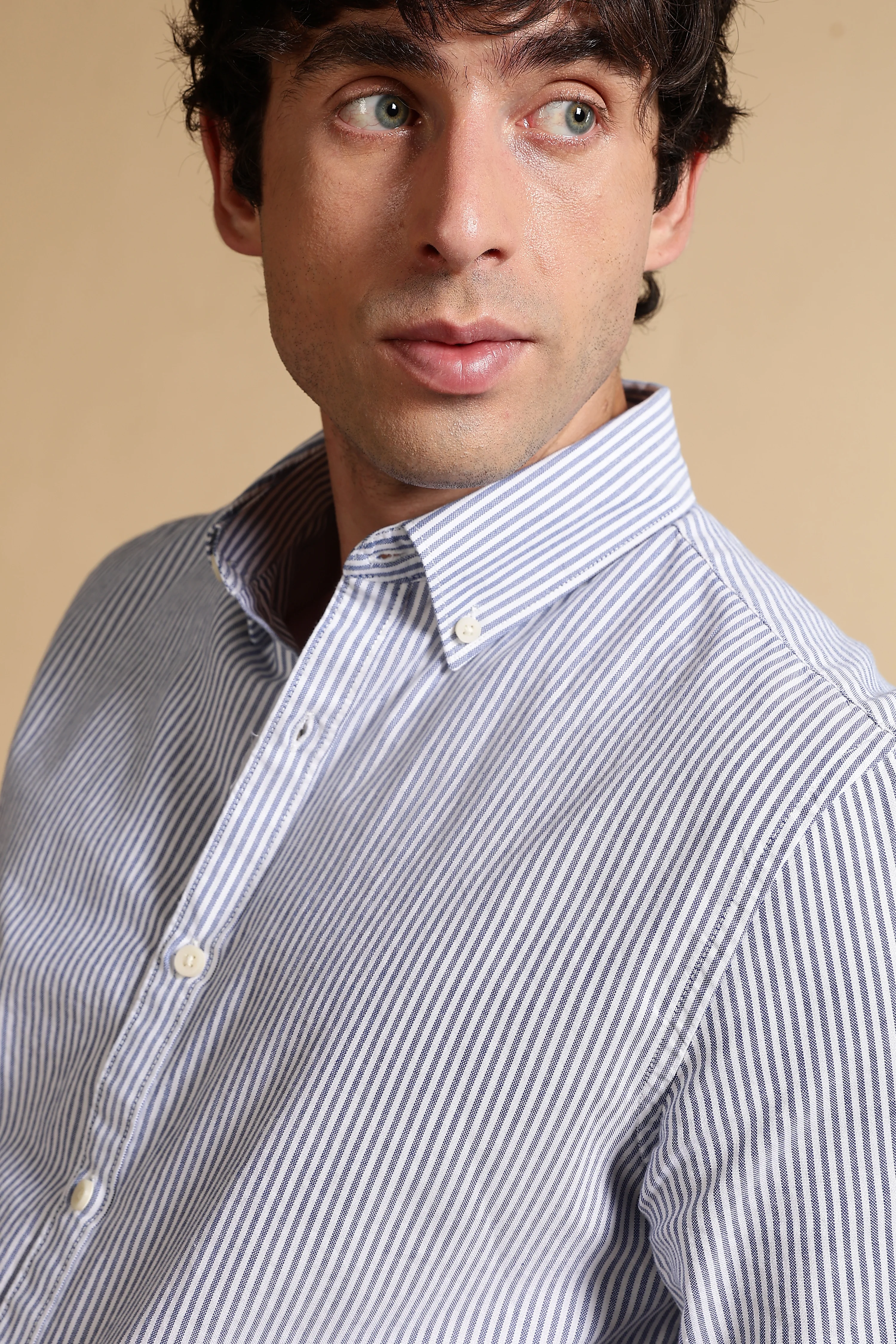 Men Blue Cotton Oxford Slim Fit Striped Shirt - Image 6