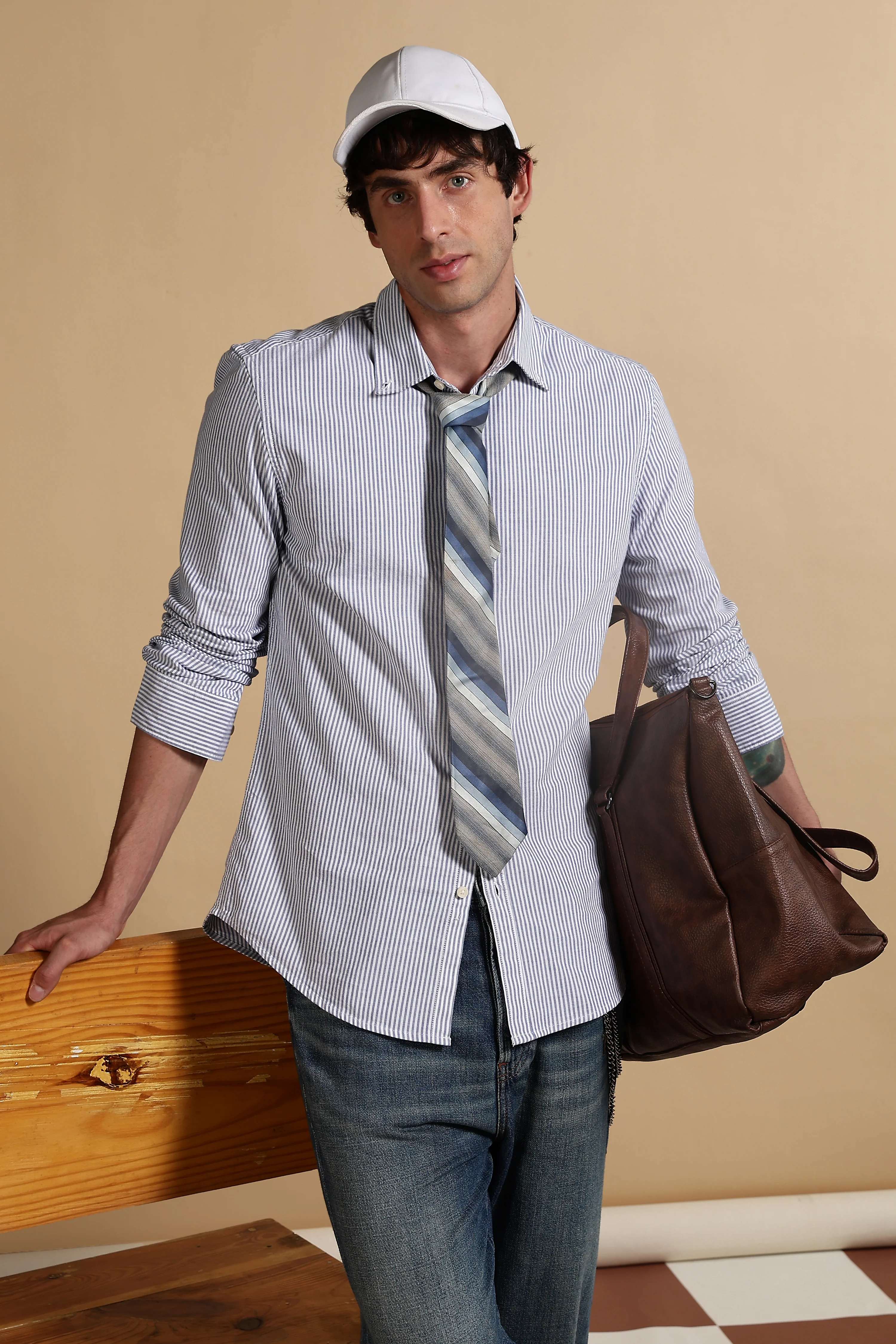 Men Blue Cotton Oxford Slim Fit Striped Shirt - Image 8