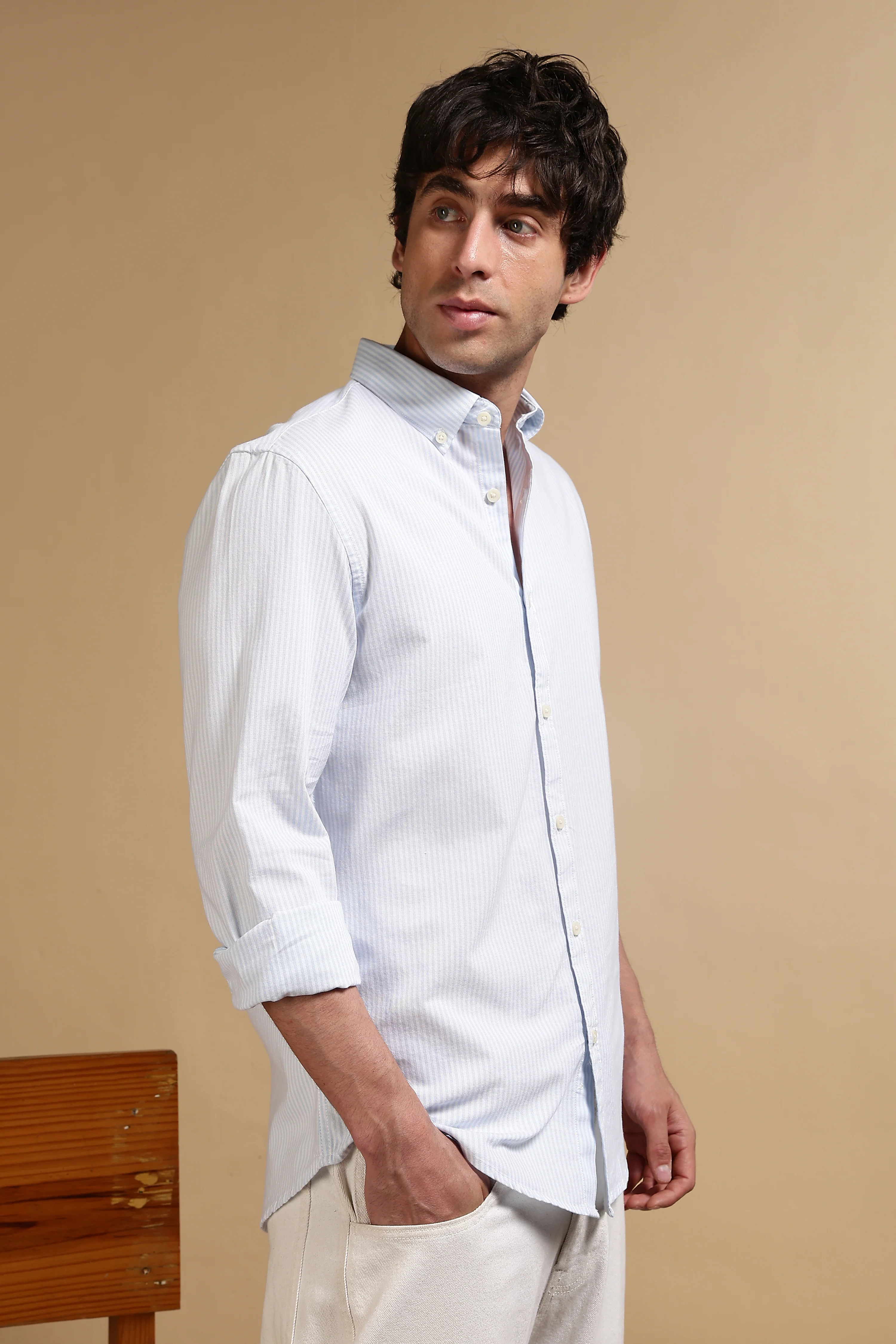 Men Blue Cotton Oxford Slim Fit Striped Shirt - Image 3