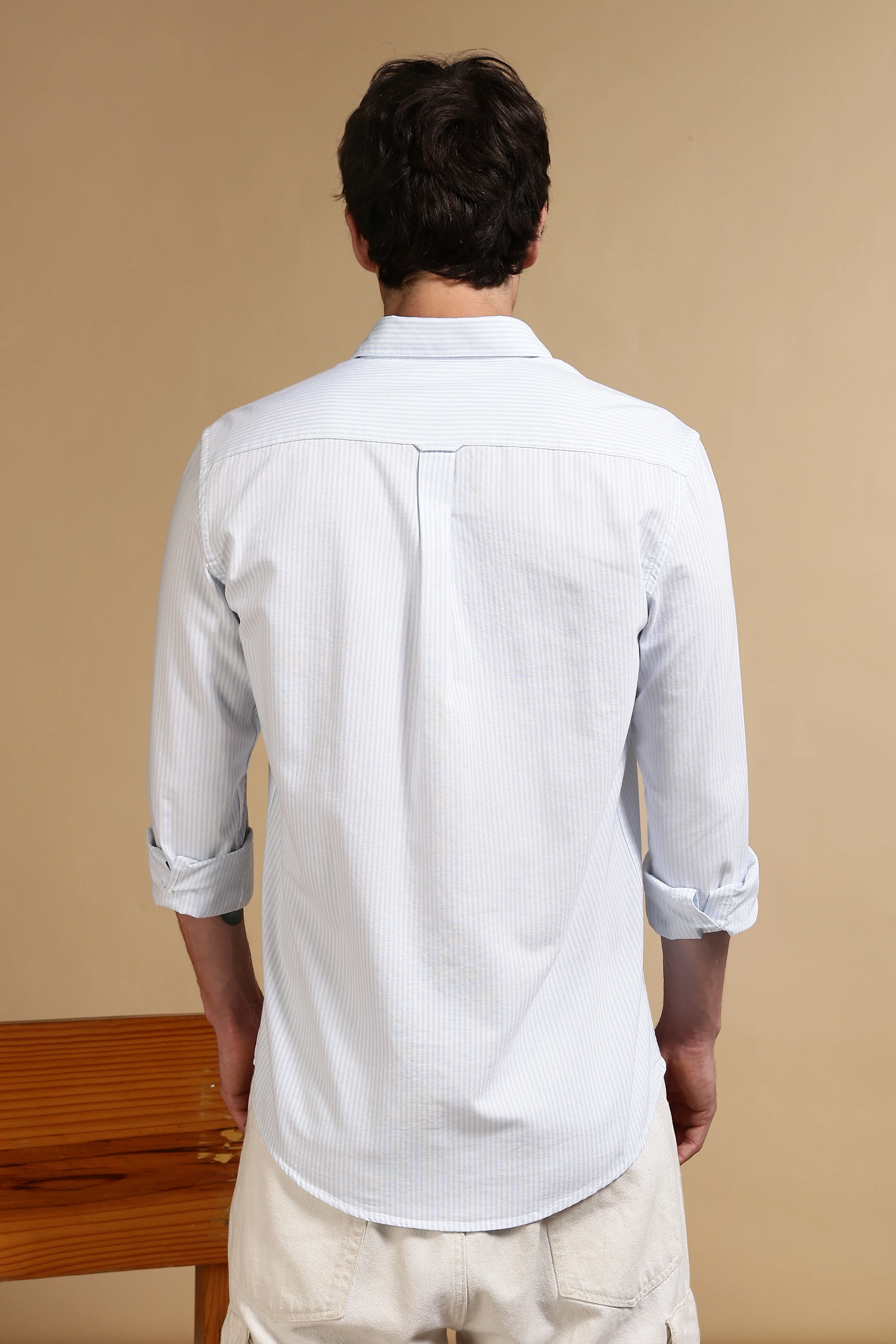 Men Blue Cotton Oxford Slim Fit Striped Shirt - Image 4