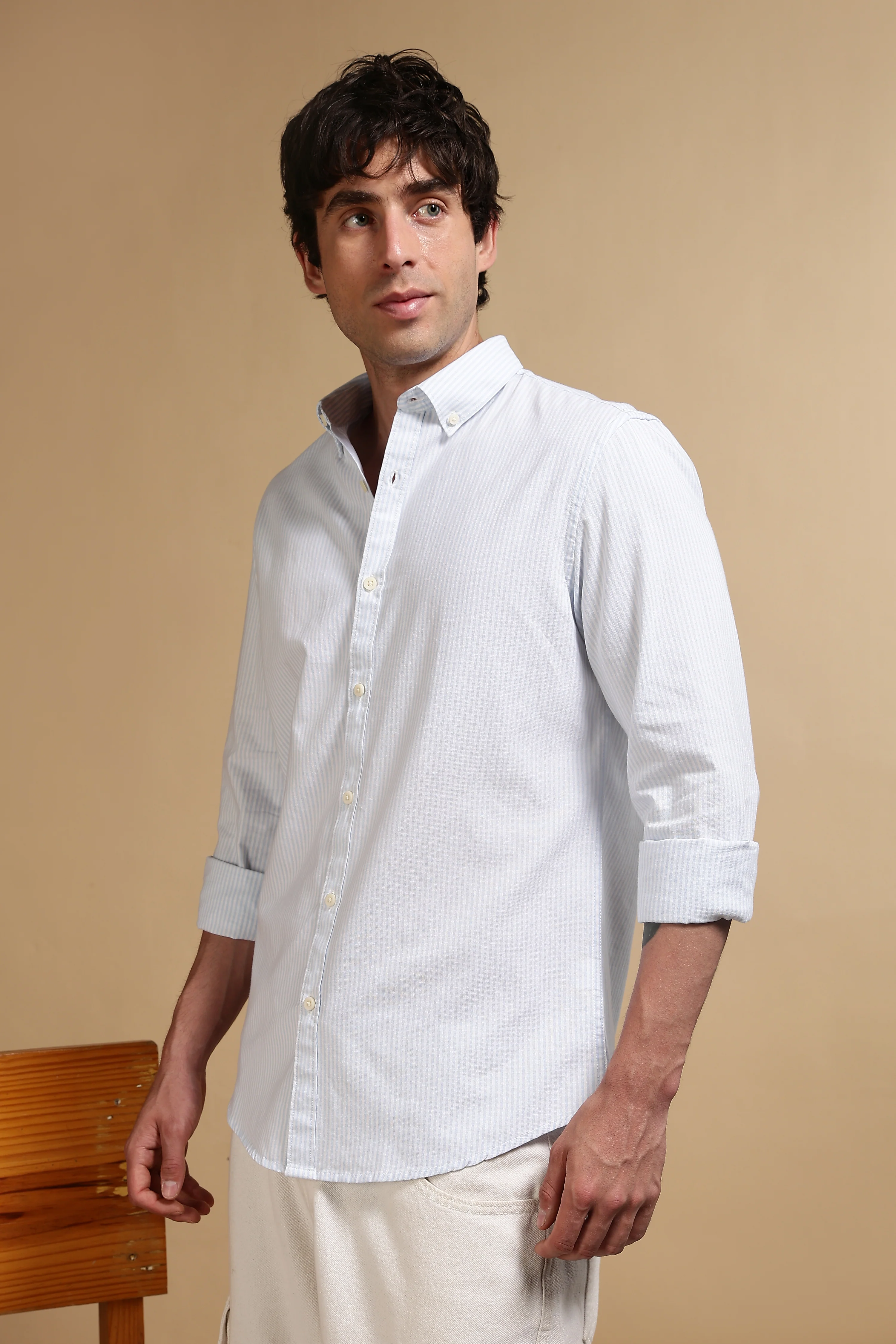 Men Blue Cotton Oxford Slim Fit Striped Shirt - Image 5